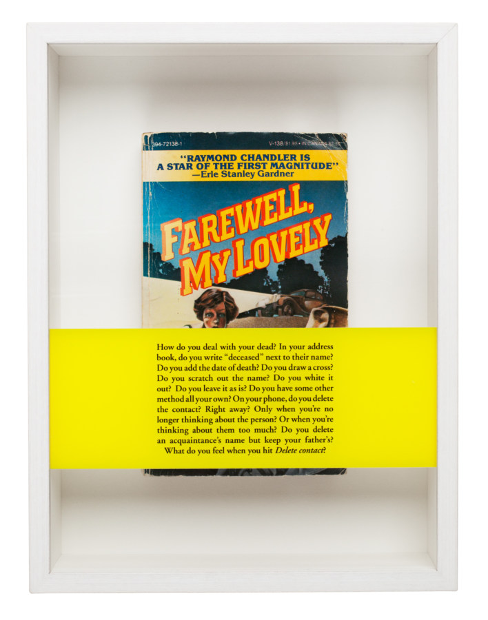 A found book reading "Farewell My Lovely" in a white box, with a yellow band of text over the top.