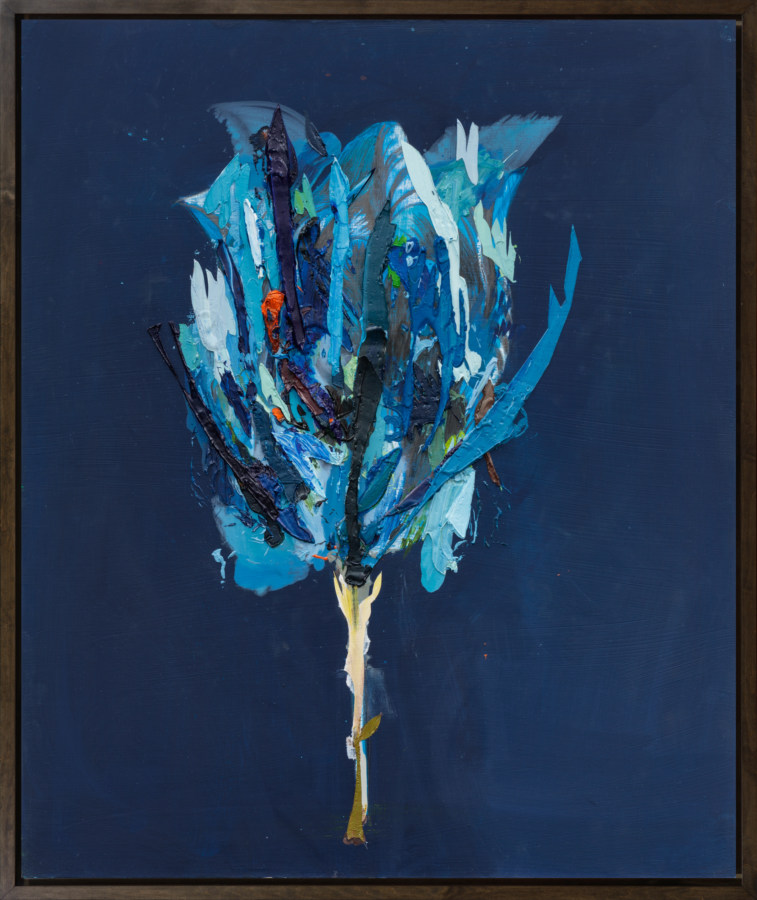An abstract painting of a lush blue flower on a dark blue ground.
