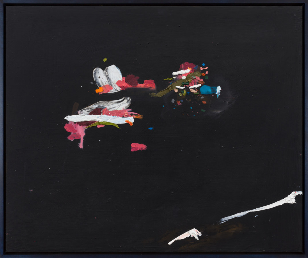 An abstract painting of warm colors and layered gestures on top of a black background