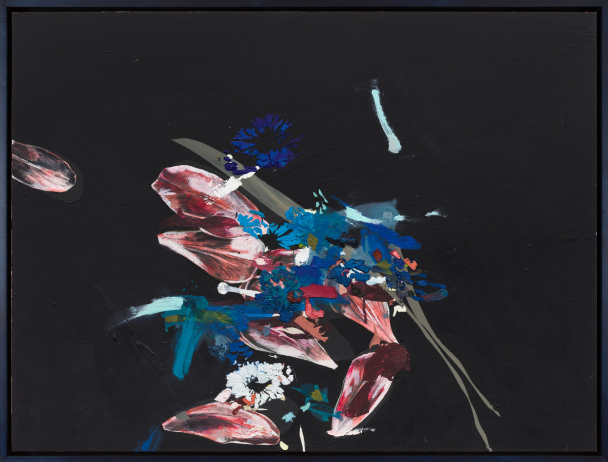 An abstract painting of a deconstructed pink flower, with a burst of blue coming from the center.
