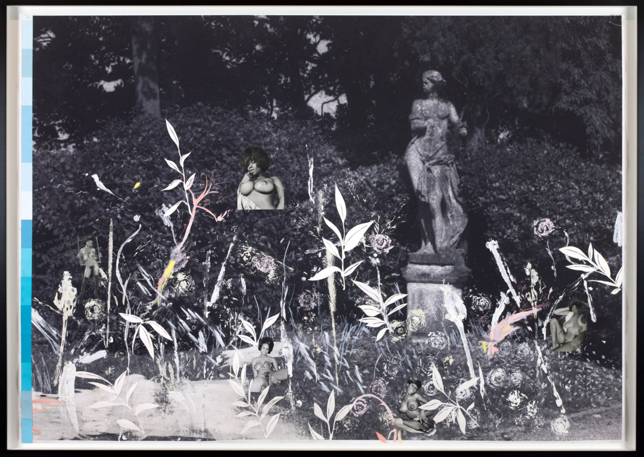 Black and white collage of a garden with nude women's torsos interspersed