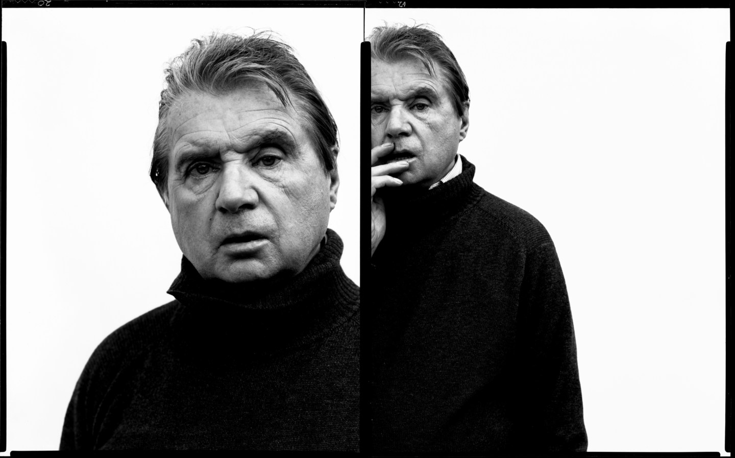 A diptych of black and white photographs of Francis Bacon. In the left, the artist appears close up, and in the right image, the artist has his hand on his face.