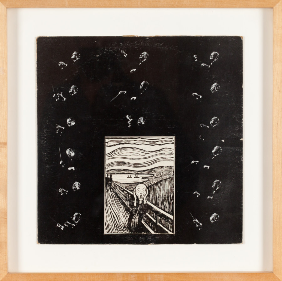 Framed print of a grid of black and white photographs of an orchestra conductor surrounding Edvard Munch's The Scream