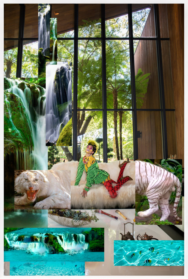 Framed color photograph of a woman posing on a collaged couch made of white tigers in a modern mansion living room