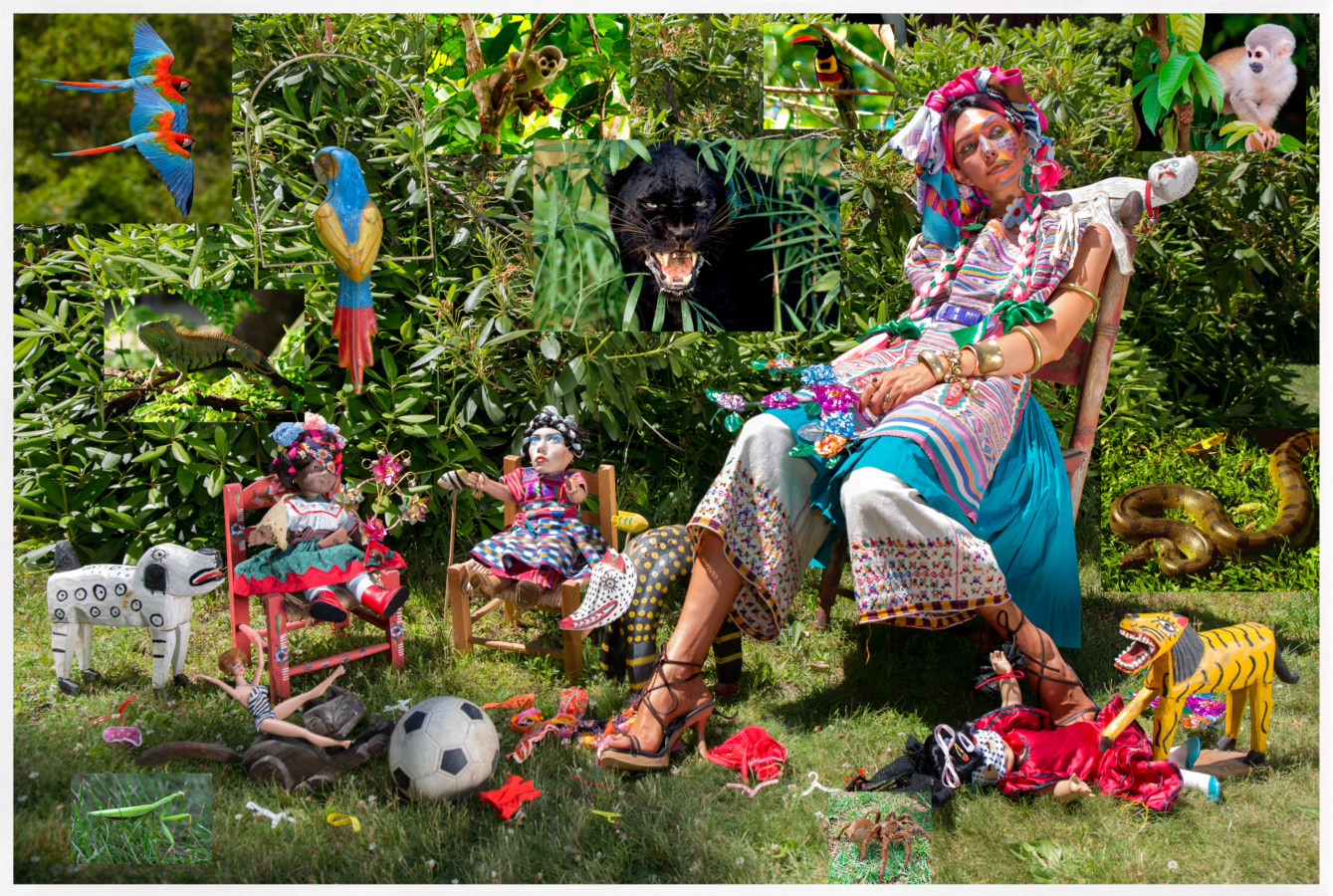 Framed color photograph of a woman seated in a garden surrounded by collaged images of jungle animals and toys