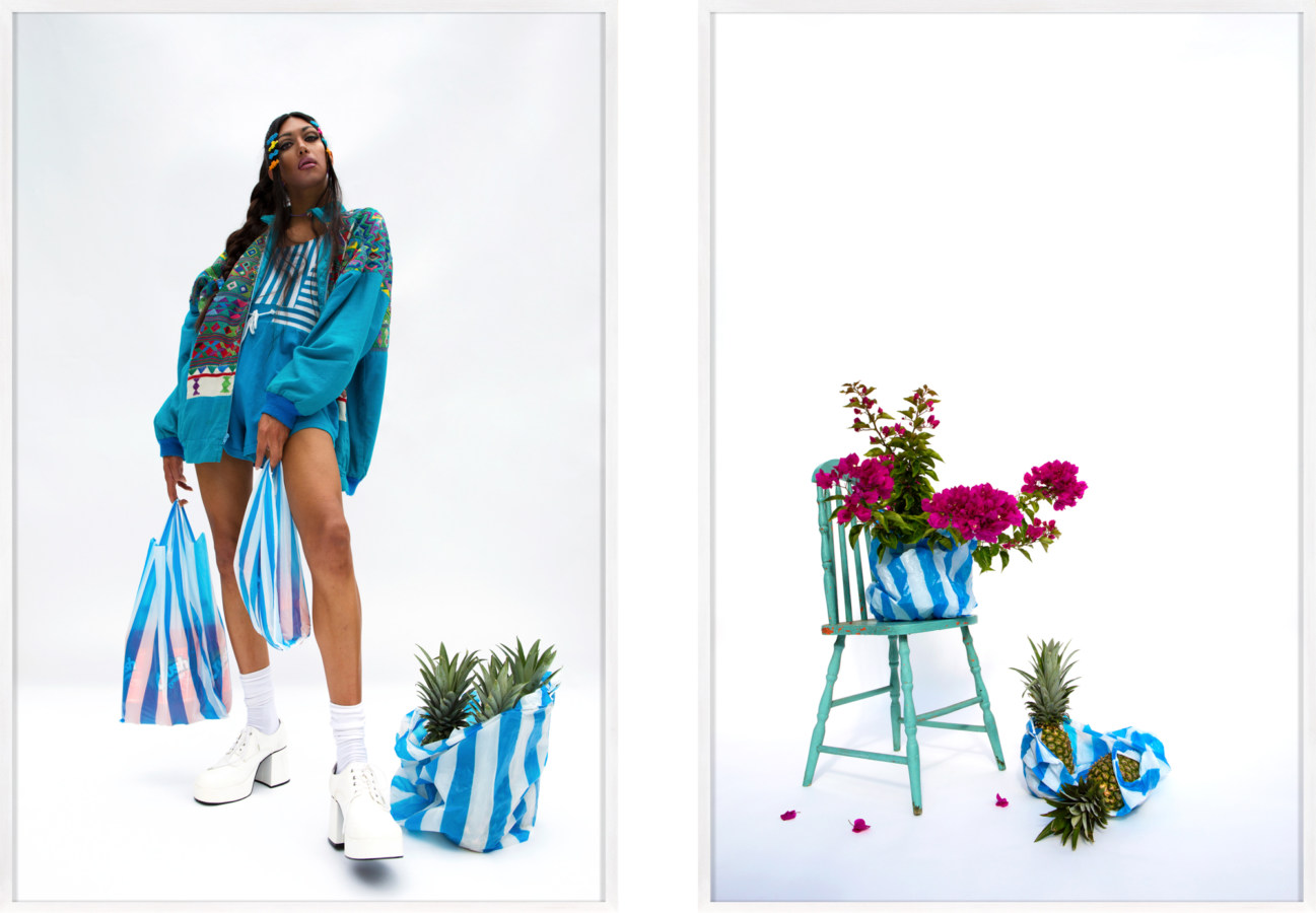 Diptych of framed color photographs of, on the left, a woman dressed in blue holding blue and white striped shopping bags of fruit. On the right, a bunch of pink flowers on a green chair next to a bag of pineapples on the floor.