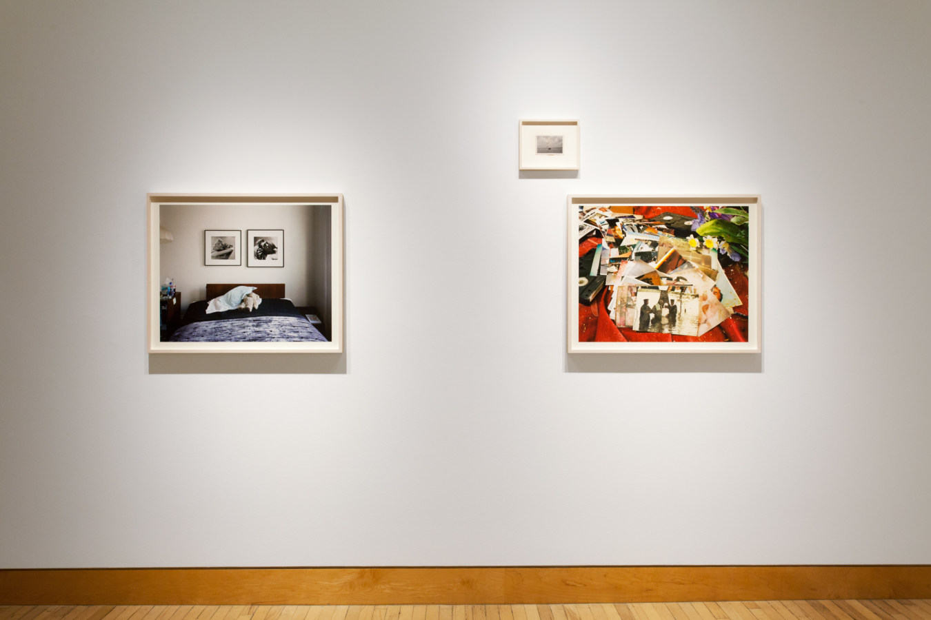 Color image of color photographs on white gallery wall