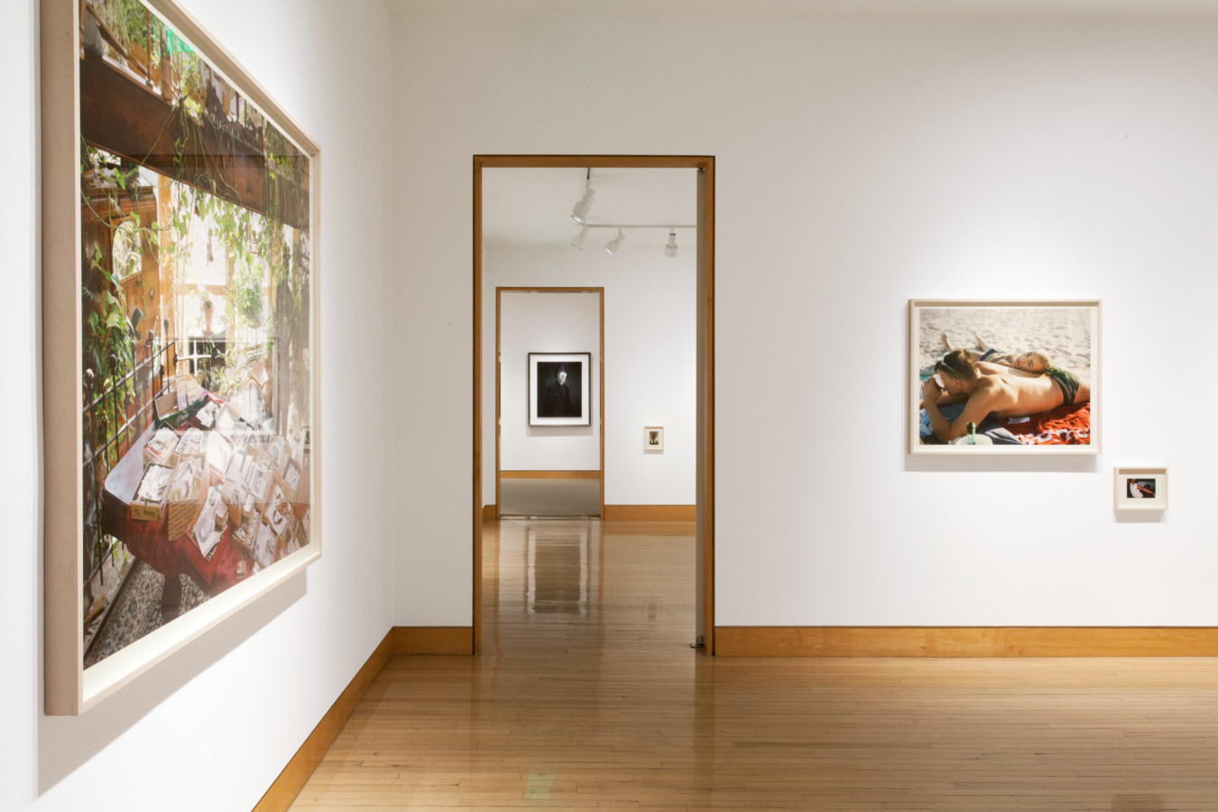 Color image of color photographs on white gallery walls