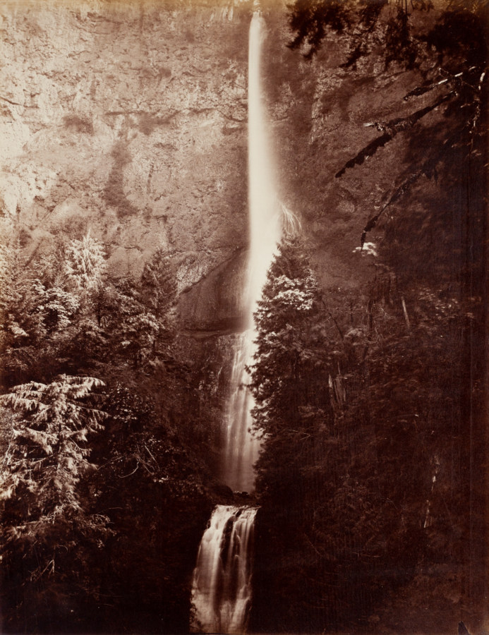 Black and white photograph of a waterfall