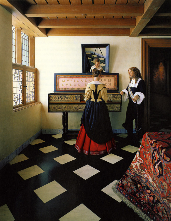 Color photograph of a Baroque couple standing at a harpsichord