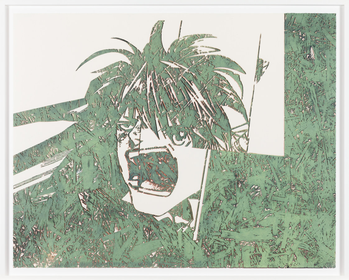 Framed print of collaged manga comic panels in green on a white background