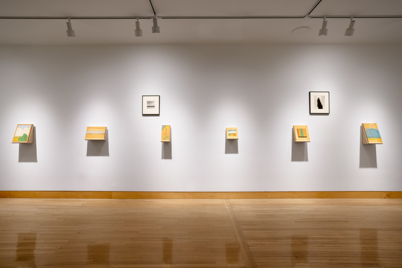 Color image of exhibition depicting painted woodblocks and black and white photographs on white gallery walls