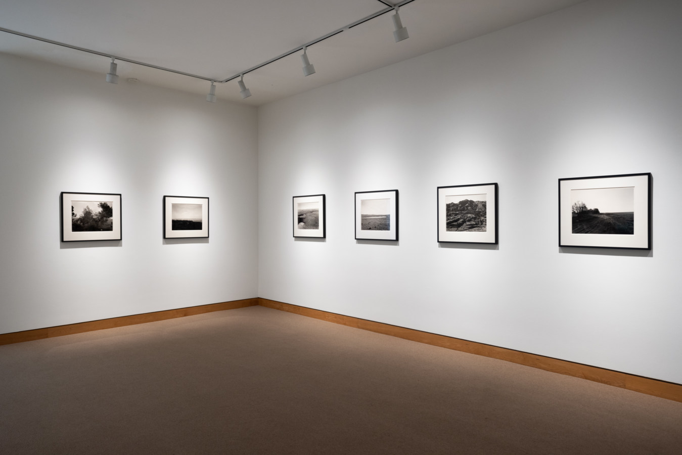 Color image of black and white photographs framed in black on white gallery walls
