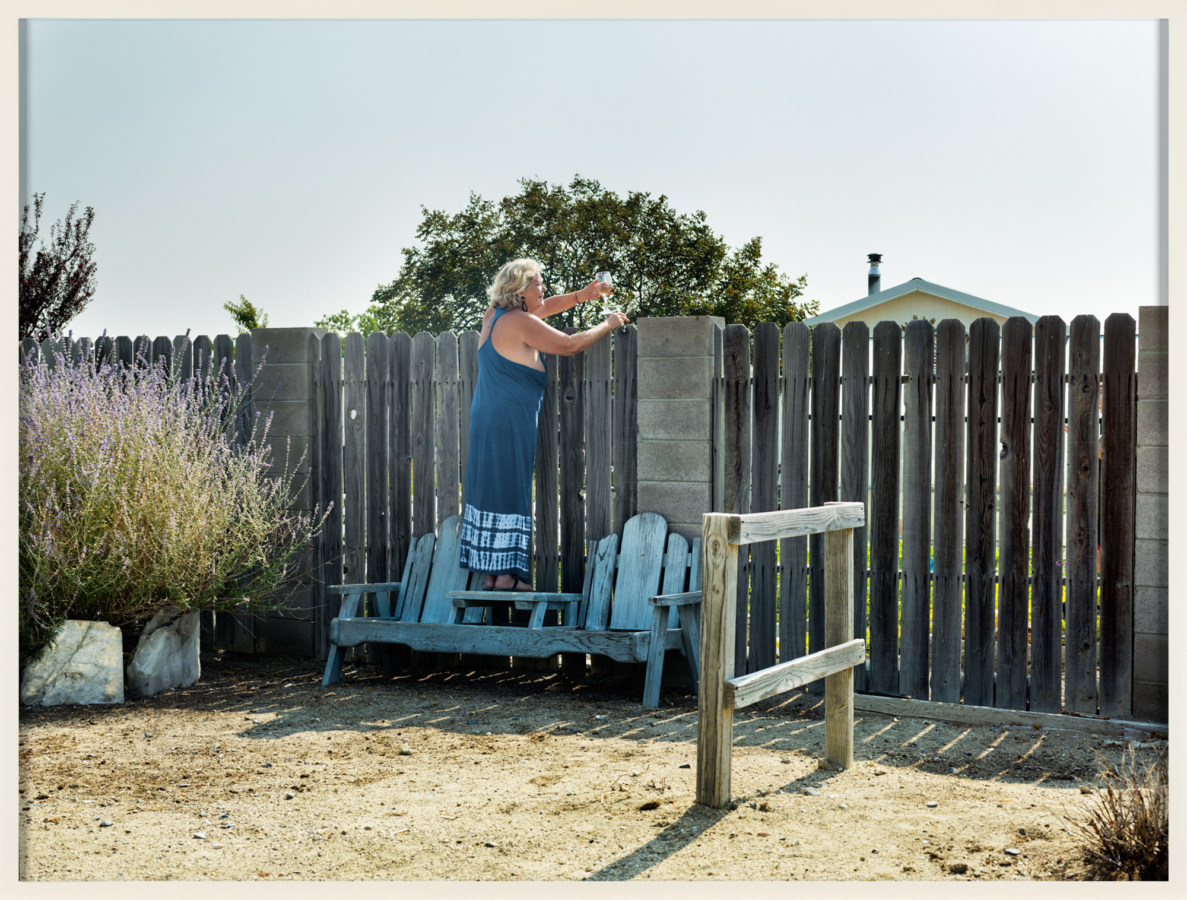 Color photograph of a women in blue dress with glass in hand looking over wooden fence in tan frame