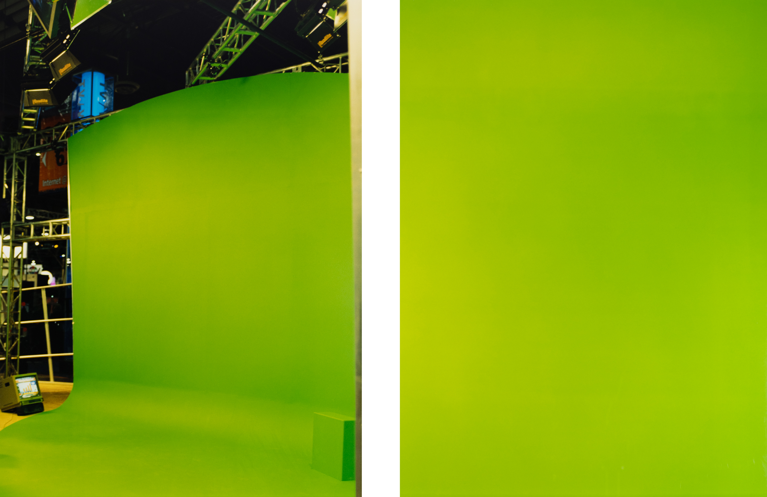 Two photographs depicting washes of green hanging on a light gray wall