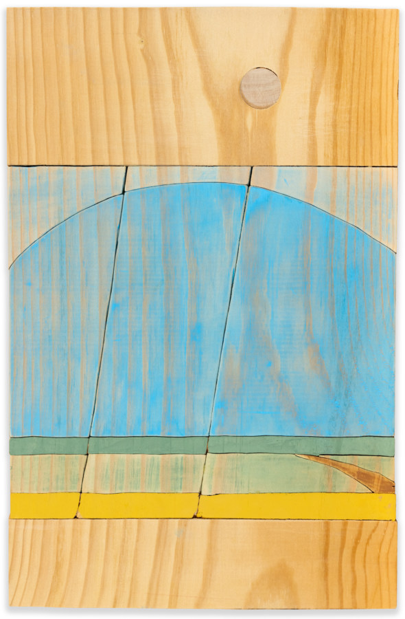 Vertical wooden artwork with etchings and ink depicting field with clear blue sky