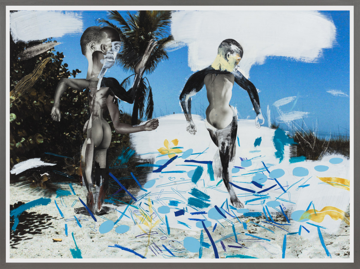 Color image of mixed media work depicting two figures on sandy beach with swatches of blue, white, and yellow in grey frame