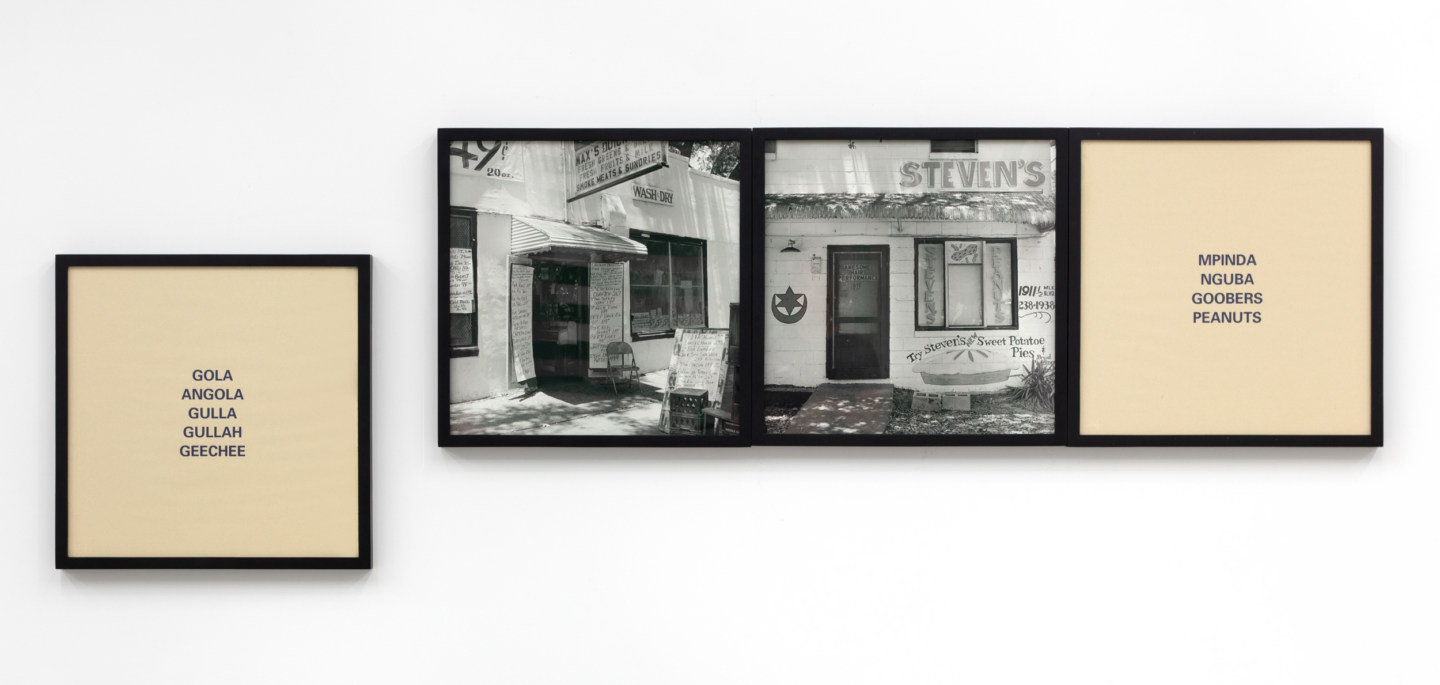 Four framed artworks of black and white storefronts framed by text panels