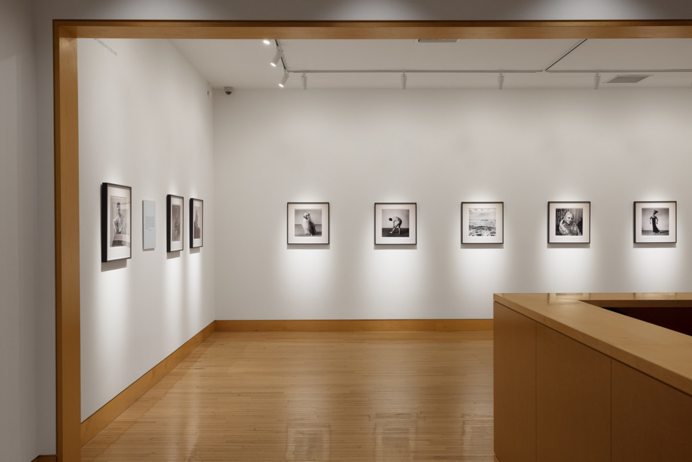 Color image of gallery entryway exhibiting black and white photographs framed in black on white walls