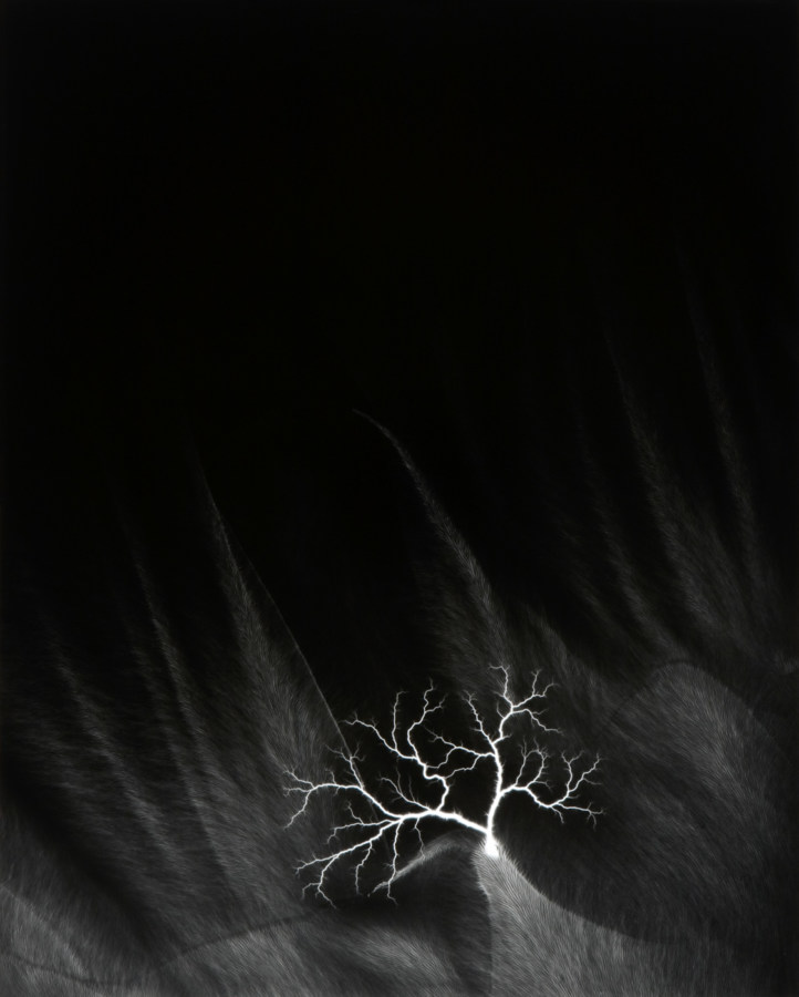 Black and white photograph of lighting striking