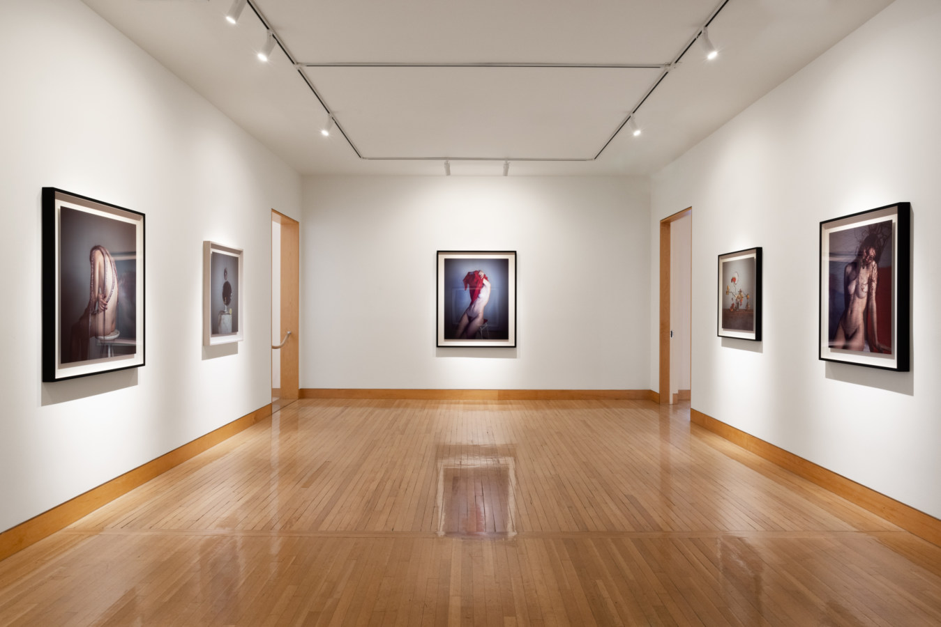 Color image of framed color photographs on white gallery walls