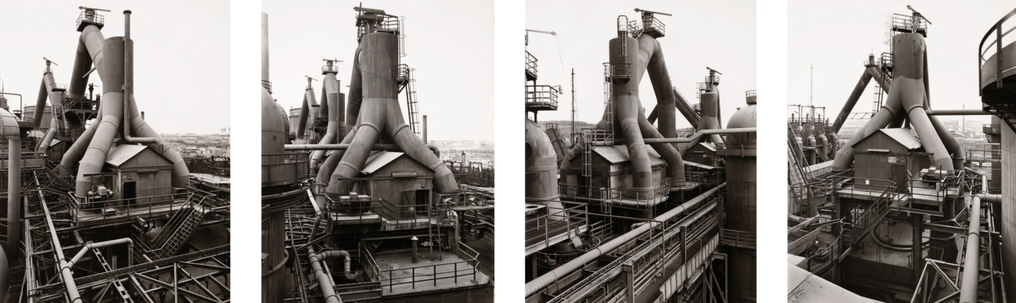 Four black and white photographs of blast furnaces from varying angles