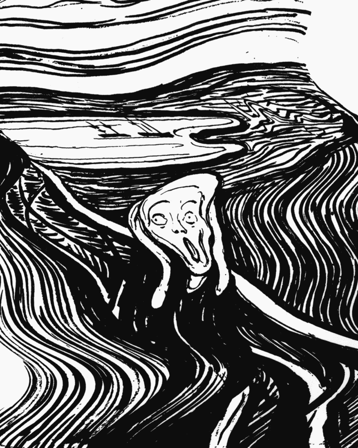 Animated gif of several variations of the scream in black and white illustration
