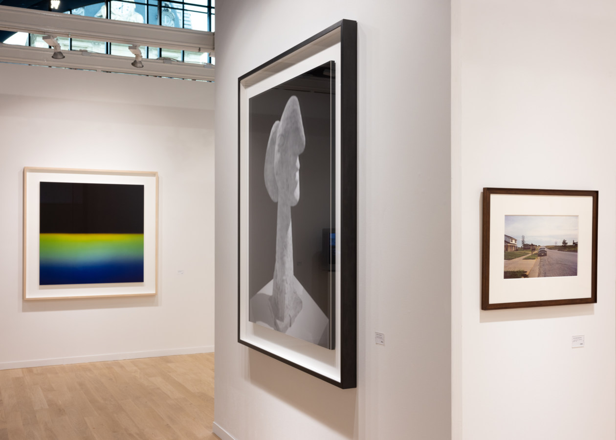 Color image of color and black and white photographs of varying sizes on white walls