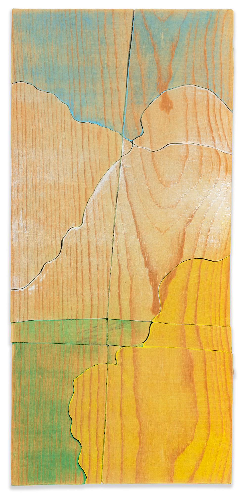 Color image of wooden sculpture with etchings and swatches of green, yellow, white, and blue