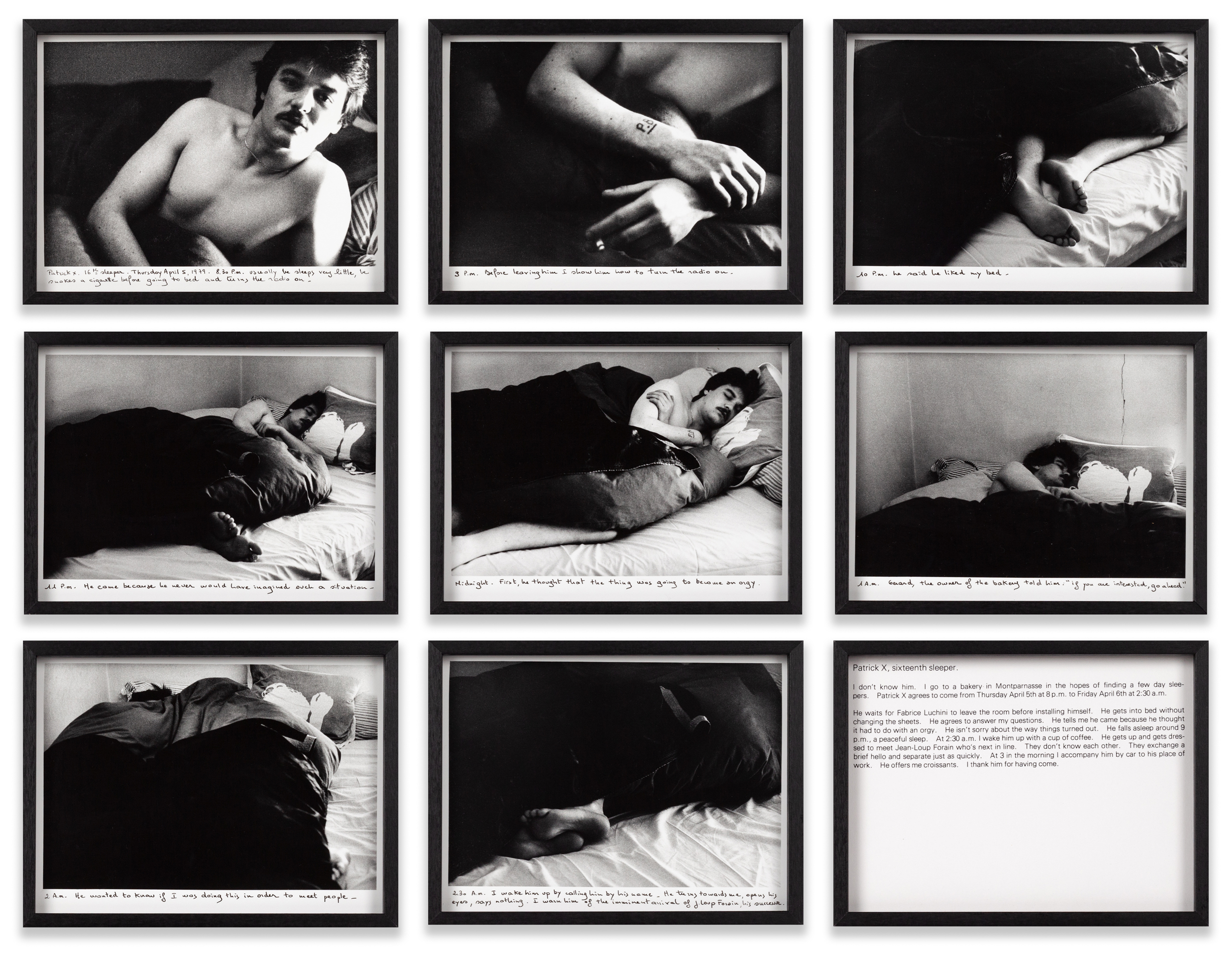Suite of eight black and white photographs and one text panel framed in black
