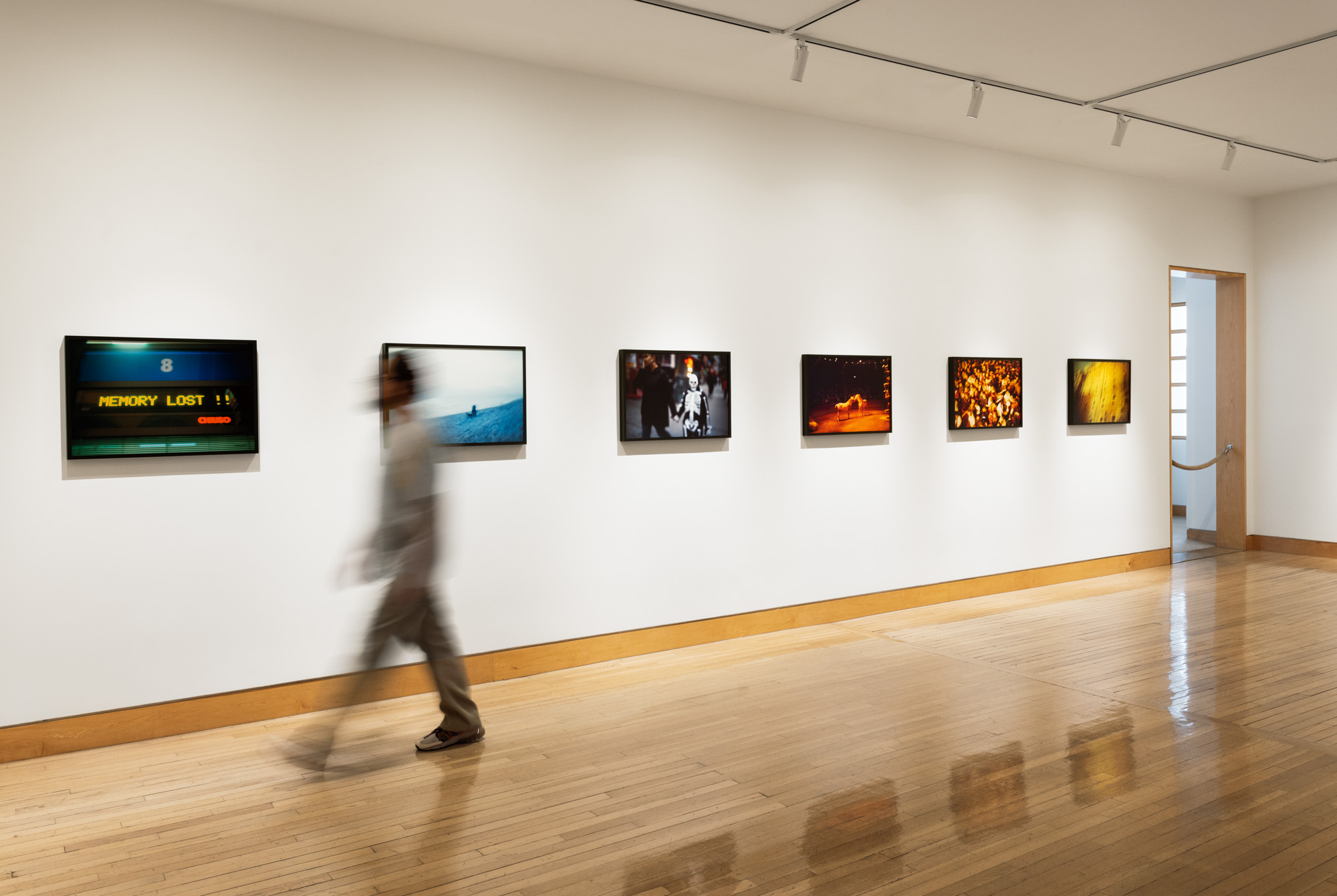 Color image of gallery exhibiting framed color photographs on white gallery walls