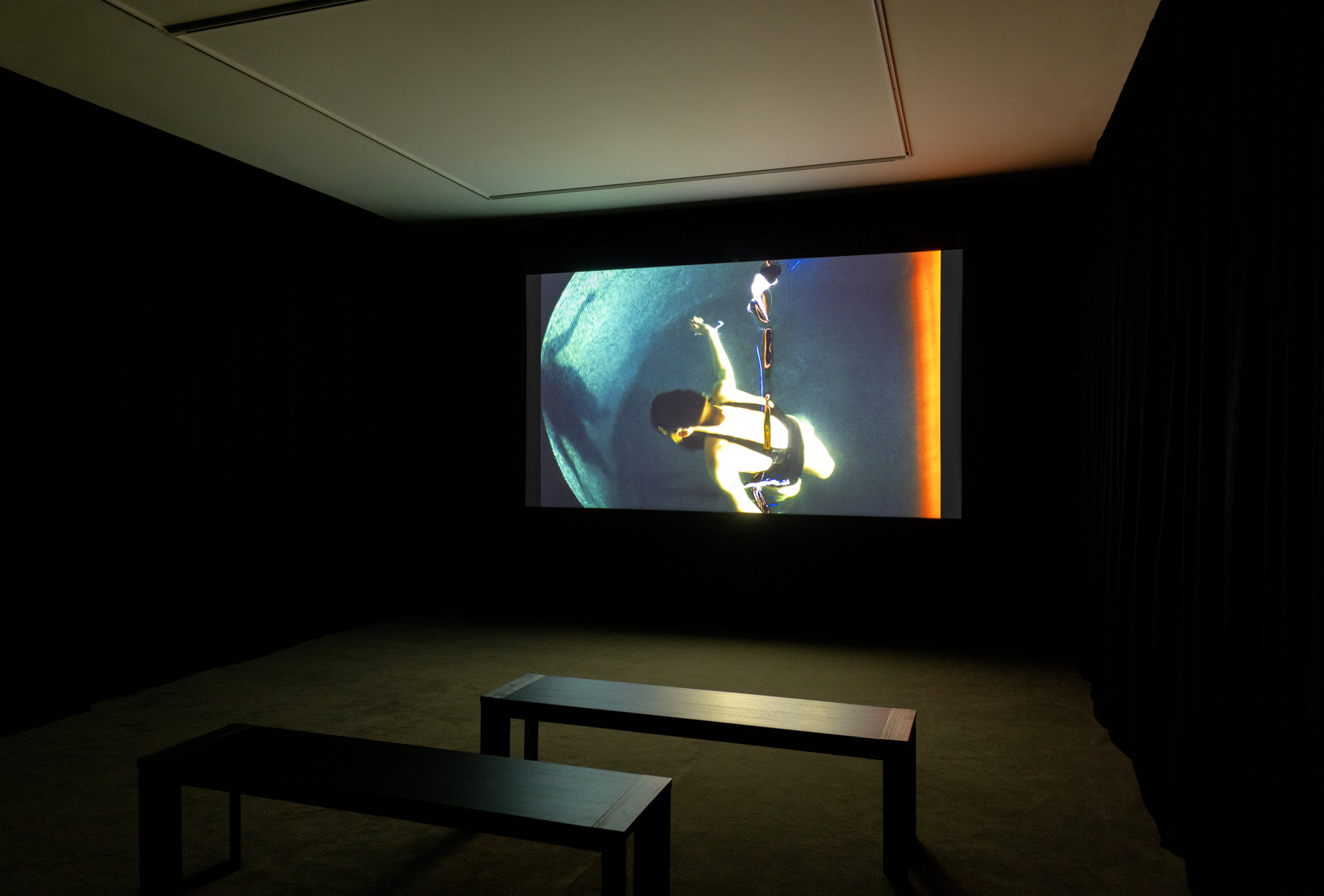 Color image of a screening room with projection depicting a figure swimming in pool