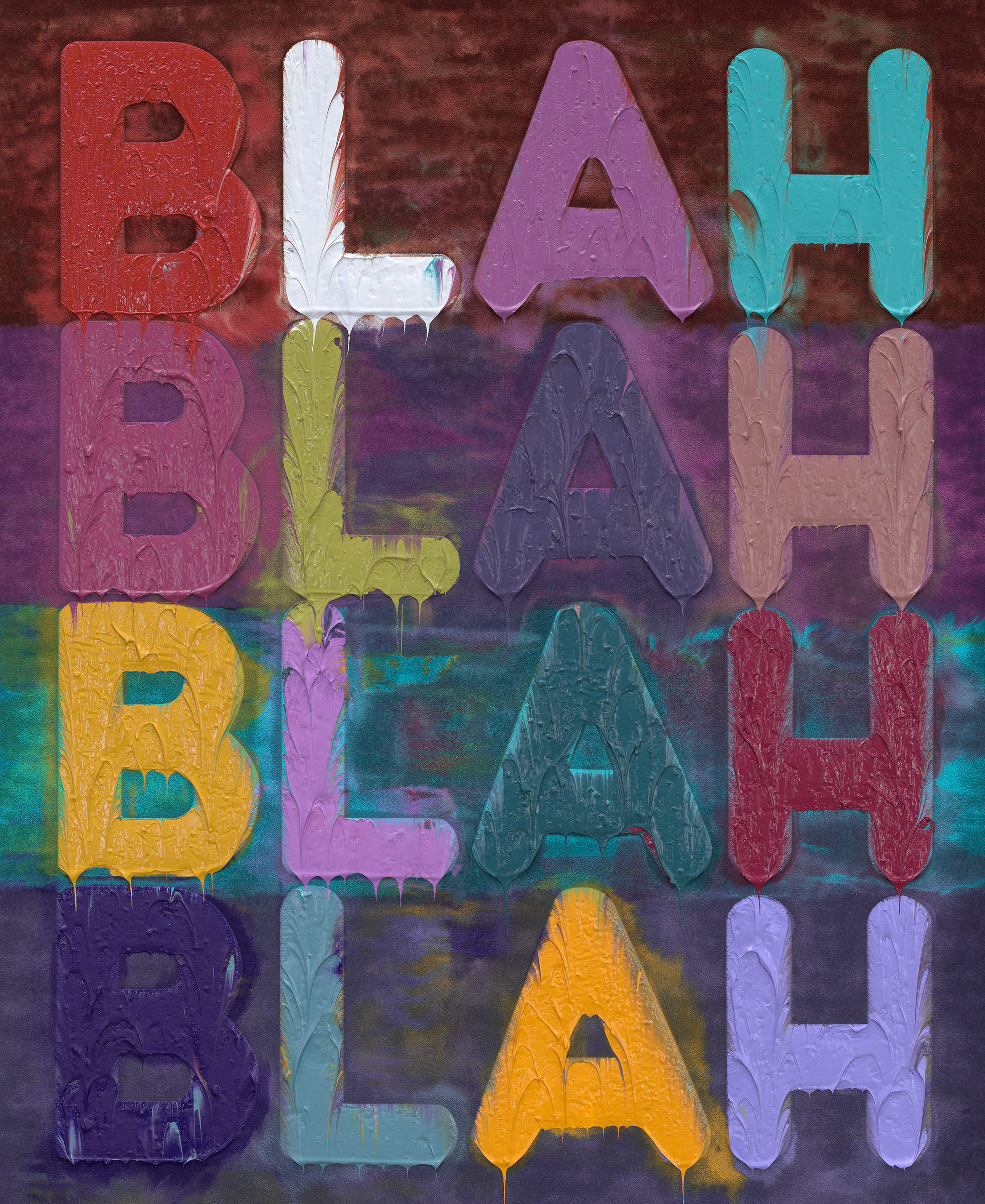 Color image of oil painting with repeating word blah in various colors