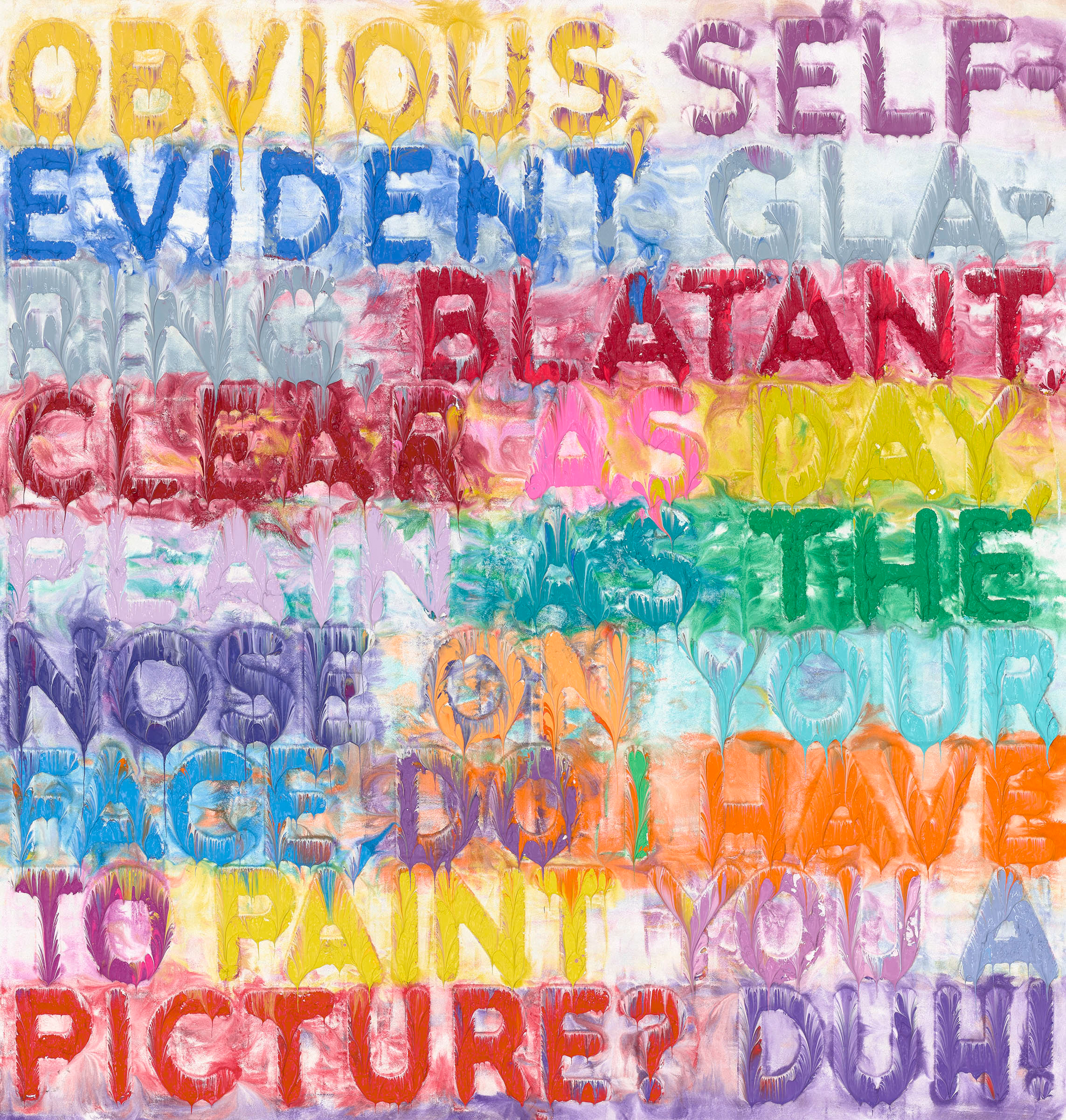 Color image of oil painting with several words and phrases in vary colors