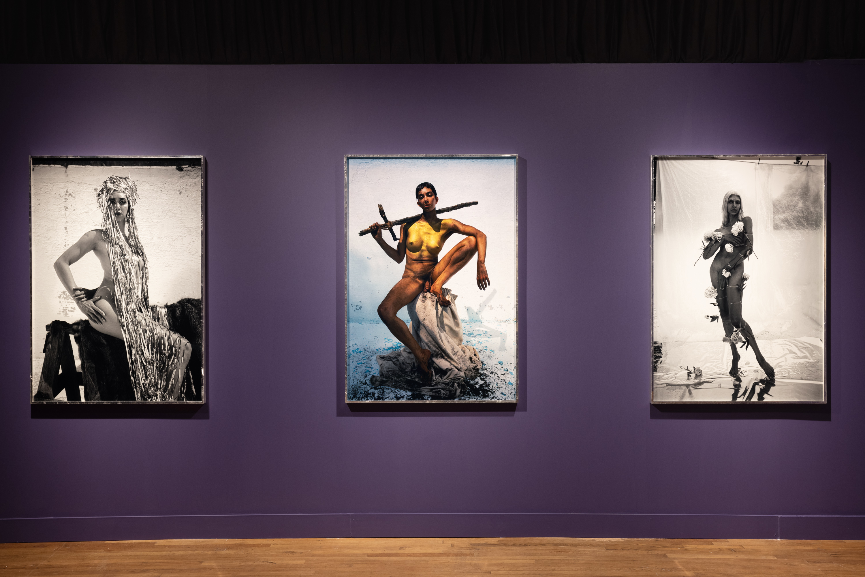 Color image of three framed photographs on purple wall depicting three different historical figures