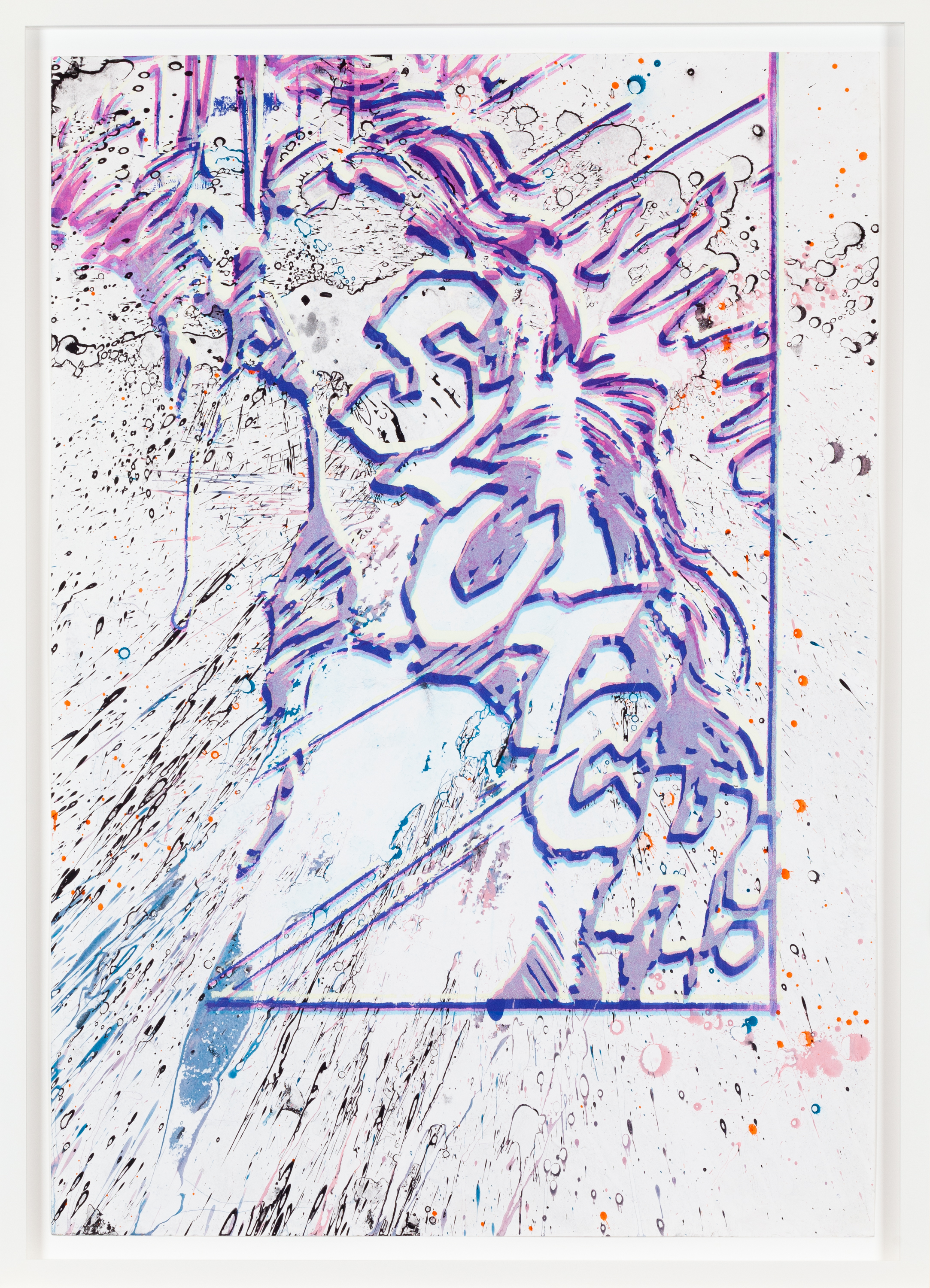 Color image of a color screen print with the text Slutch in blue, purple, and pink on white framed in white