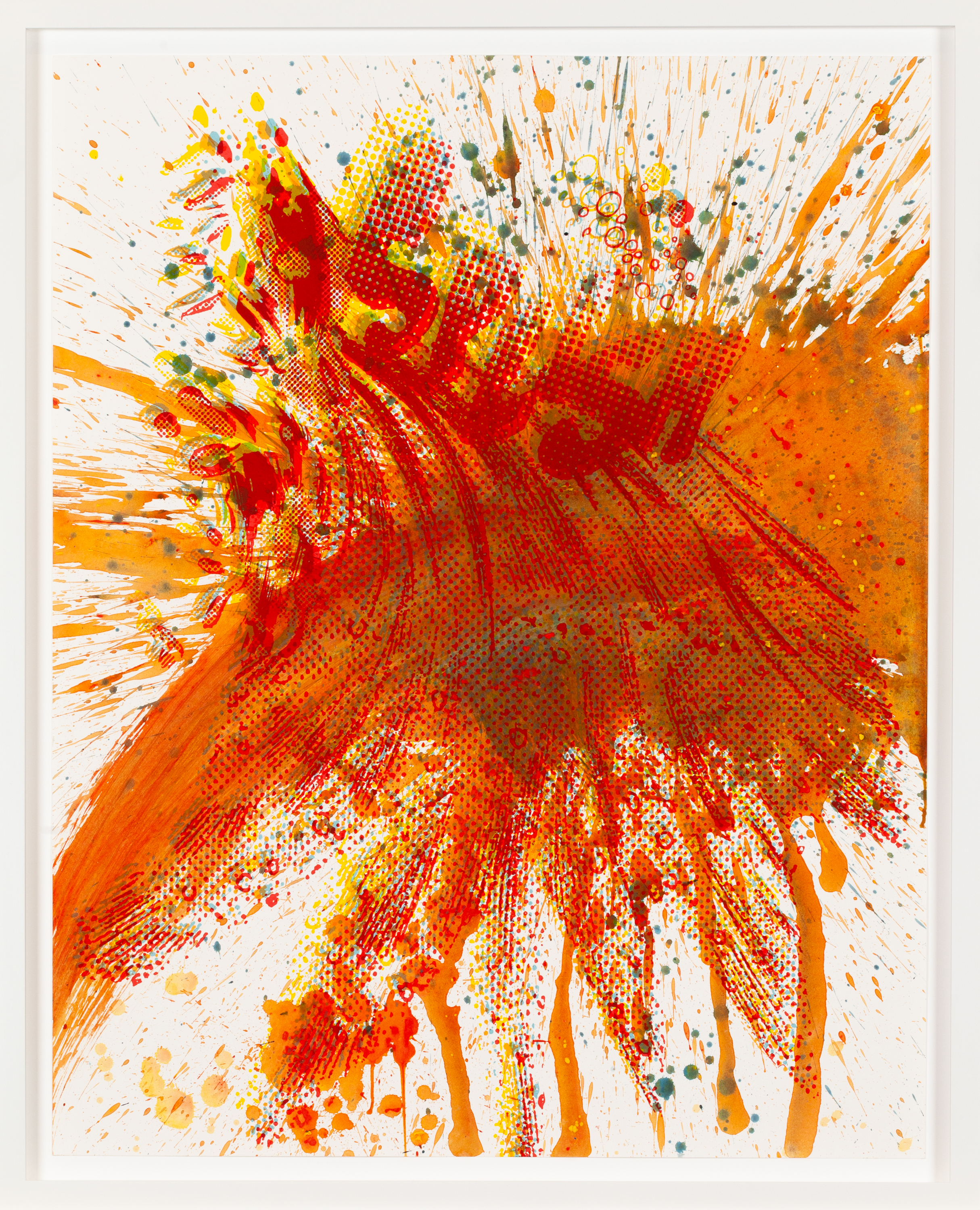 Color image of a color screen print depicting an orange splash with red, yellow, and blue ink on white framed in white