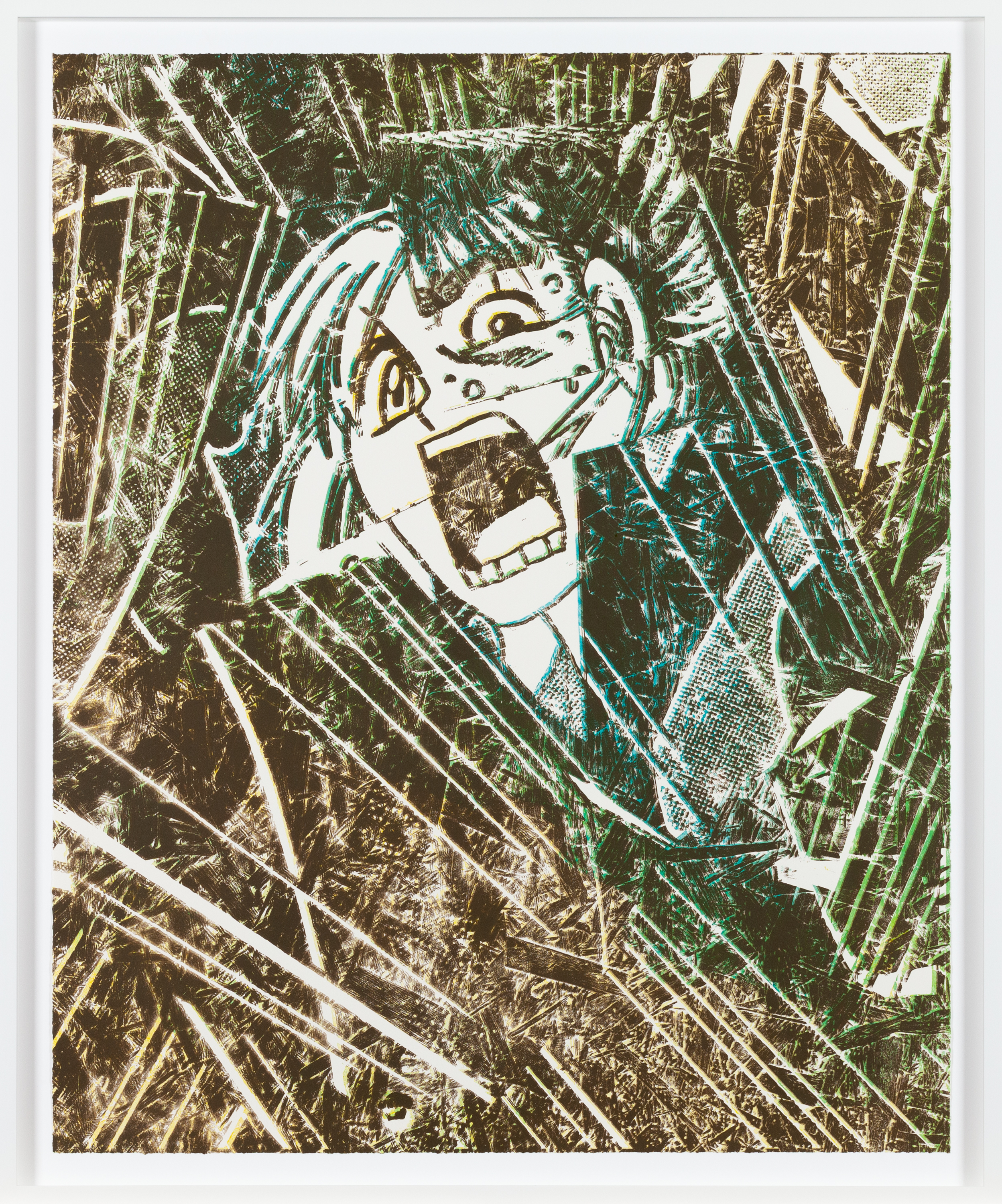 Color image of a color woodcut print depicting a figure in distress with mouth wide open framed in white