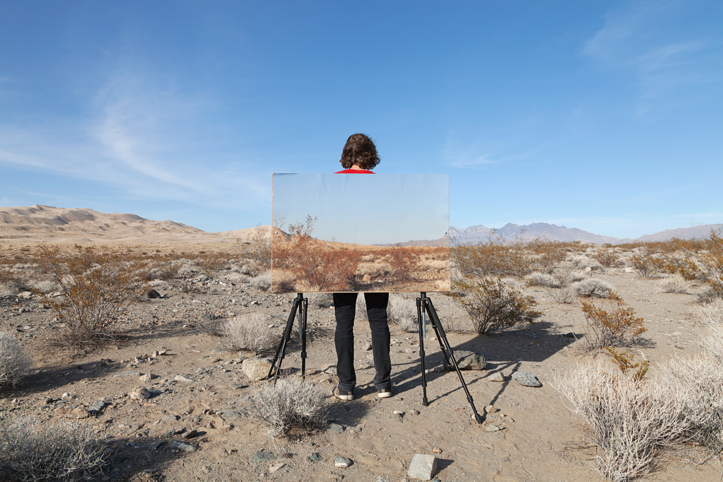 Color photograph of a figure standing in middle of desert field in front of a a print of the same landscape