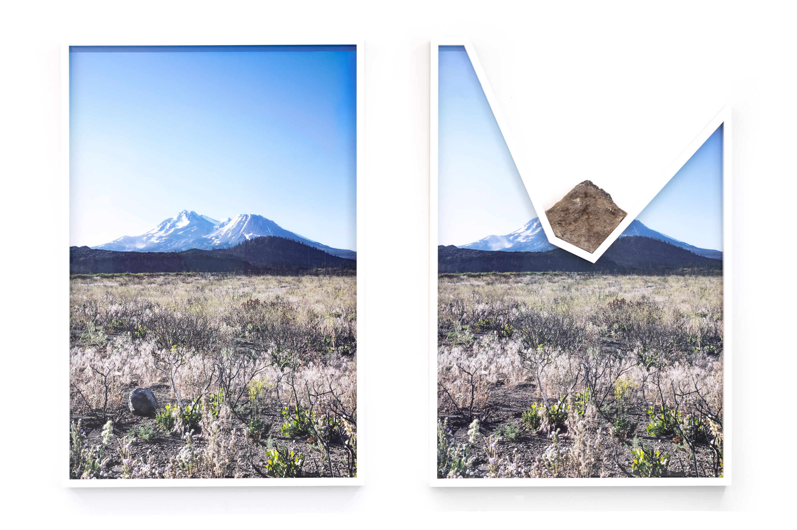 Color image of two color photographs of a mountain range set amongst a verdant field