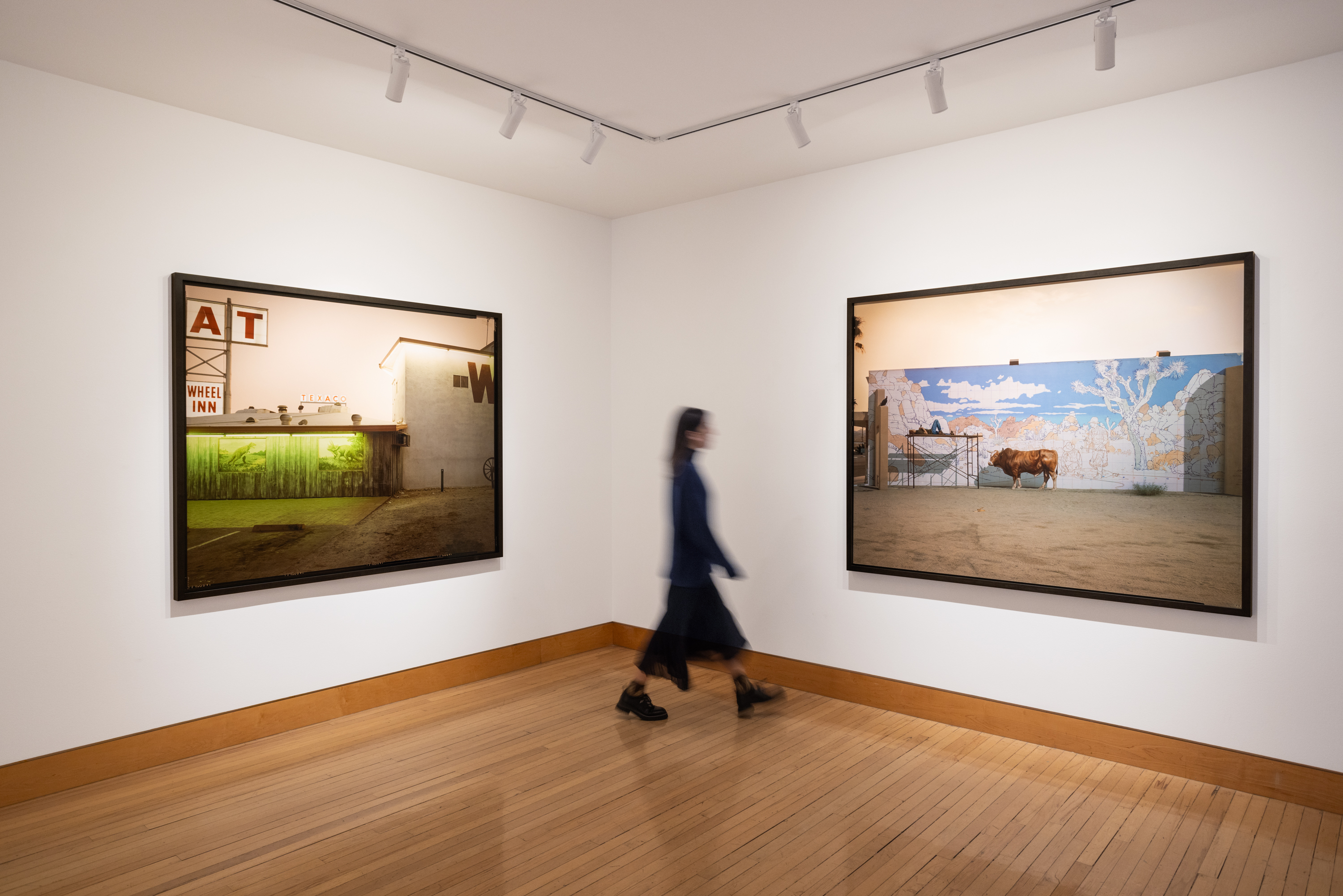Color image of two color photographs depicting various signage in desert town framed in black on white gallery walls with figure walking