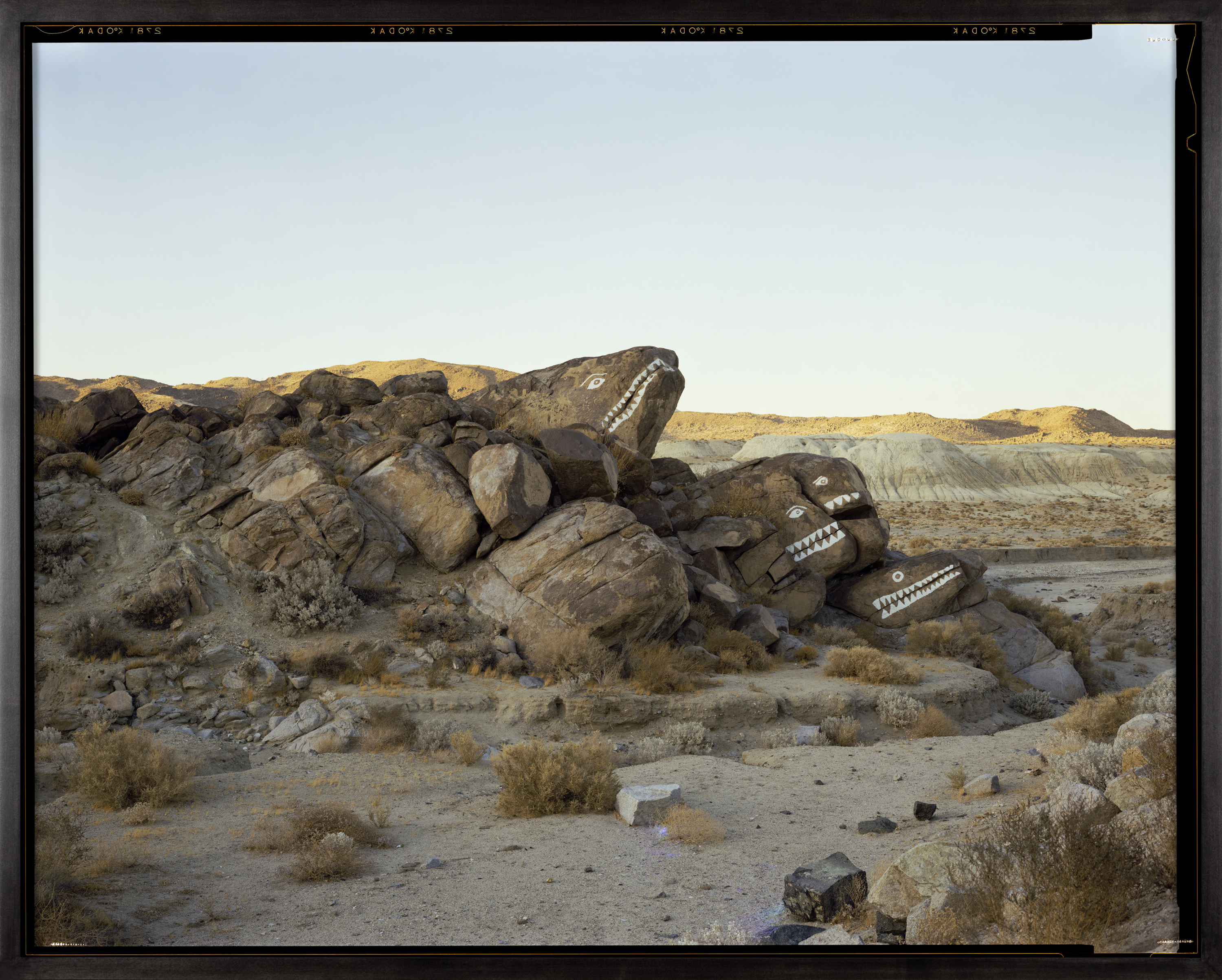 Color image of a color photograph depicting a cluster of rocks as creatures in middle of desert framed in black