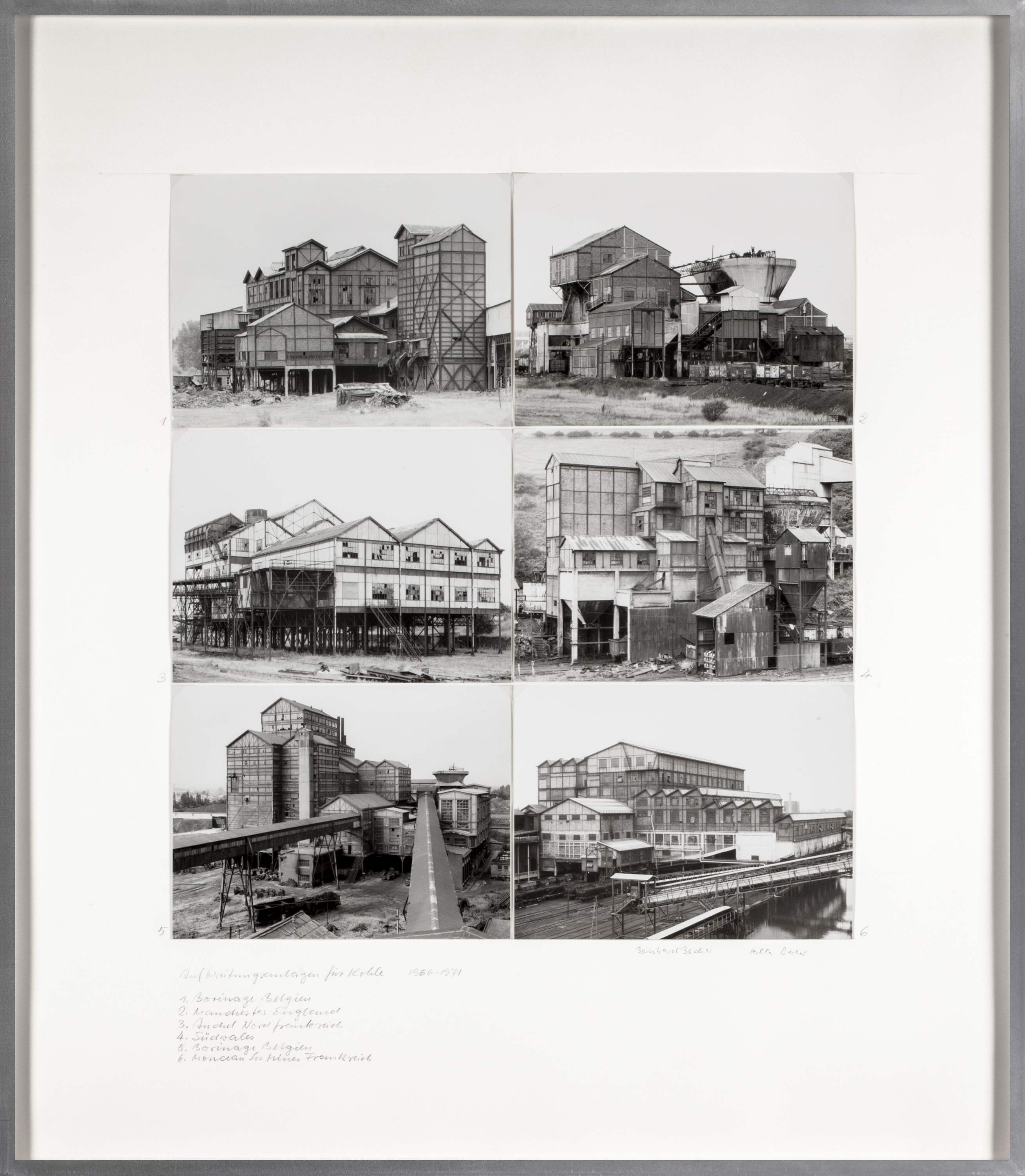 Color image of a suite of six black and white photographs of different coal preparation plants