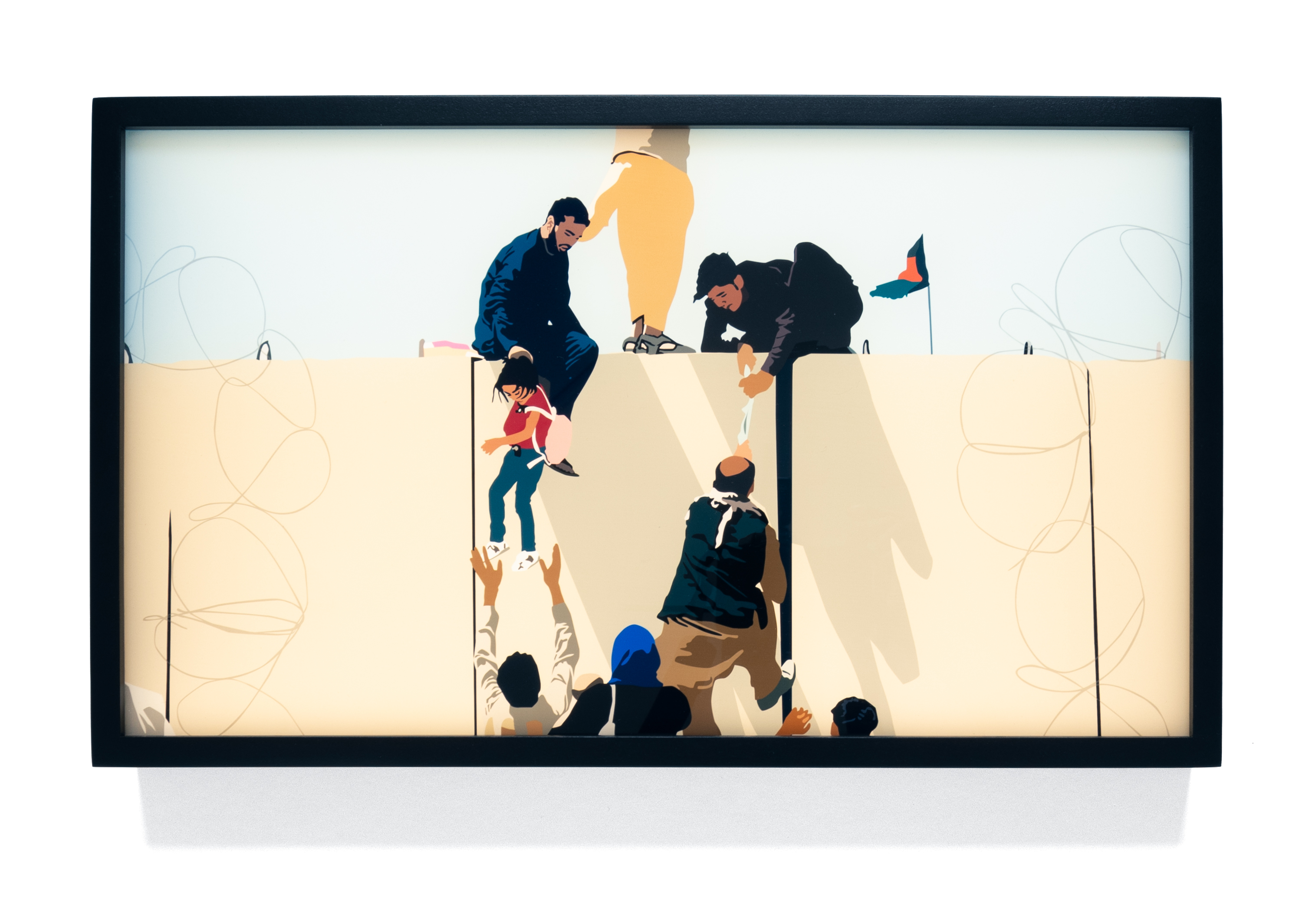 Color image of a transparency in a light box depicting figures crossing a border framed in black