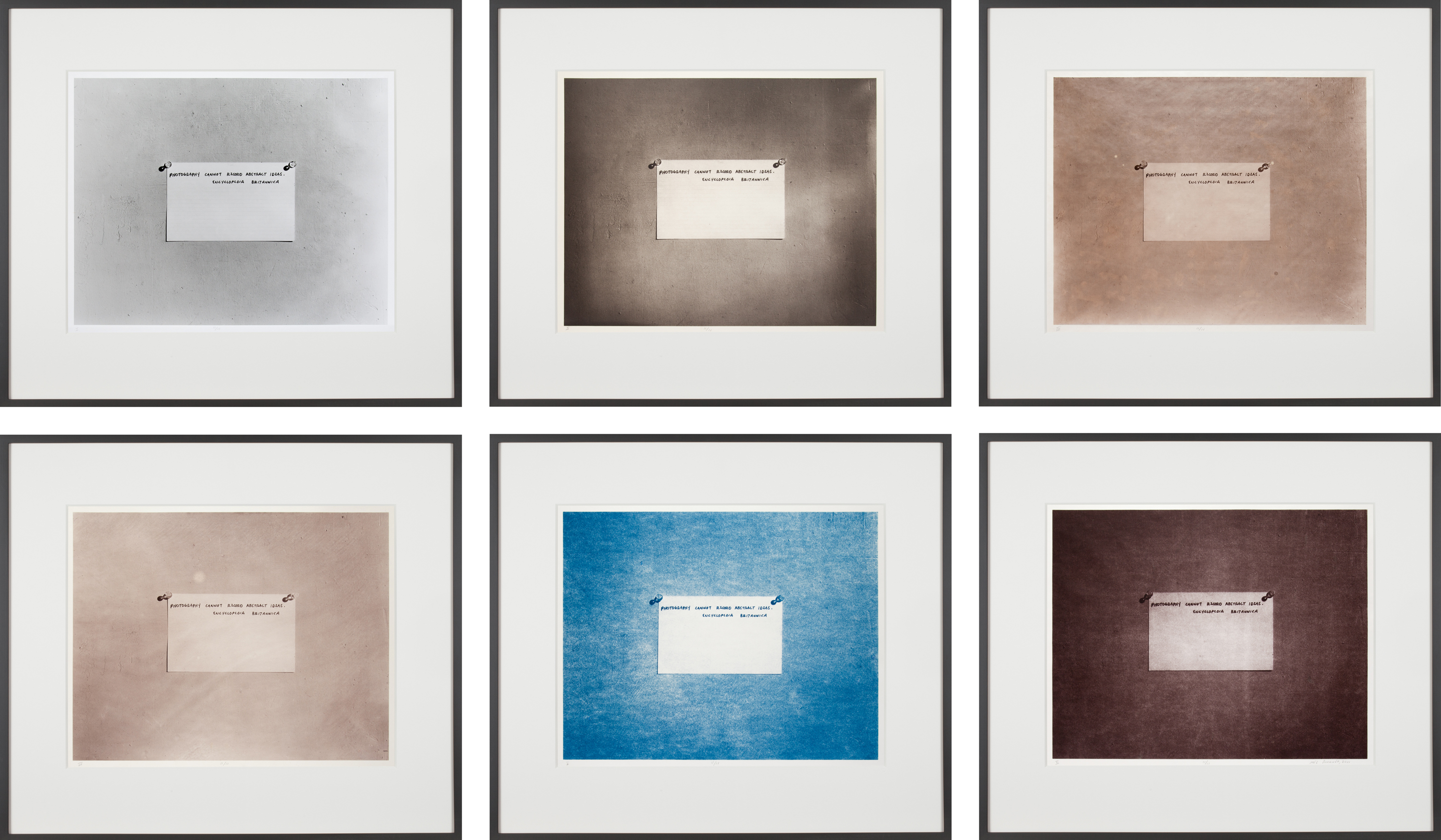 Color image of a suite of six photographs depicting a note on a wall each work printed in various methods