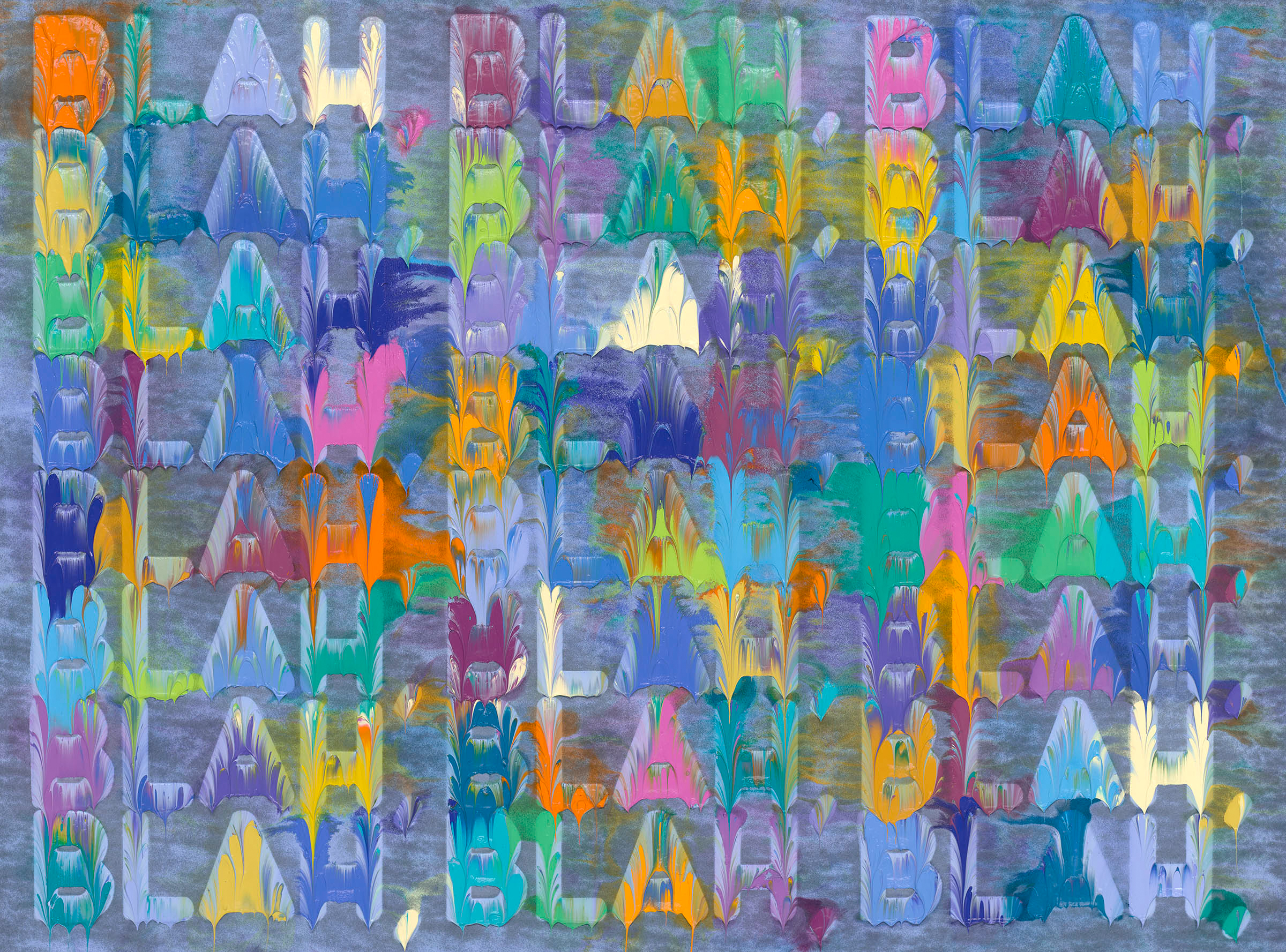 Color image of a multicolor painting with thick and glossy texture depicting the phrase blah blah blah