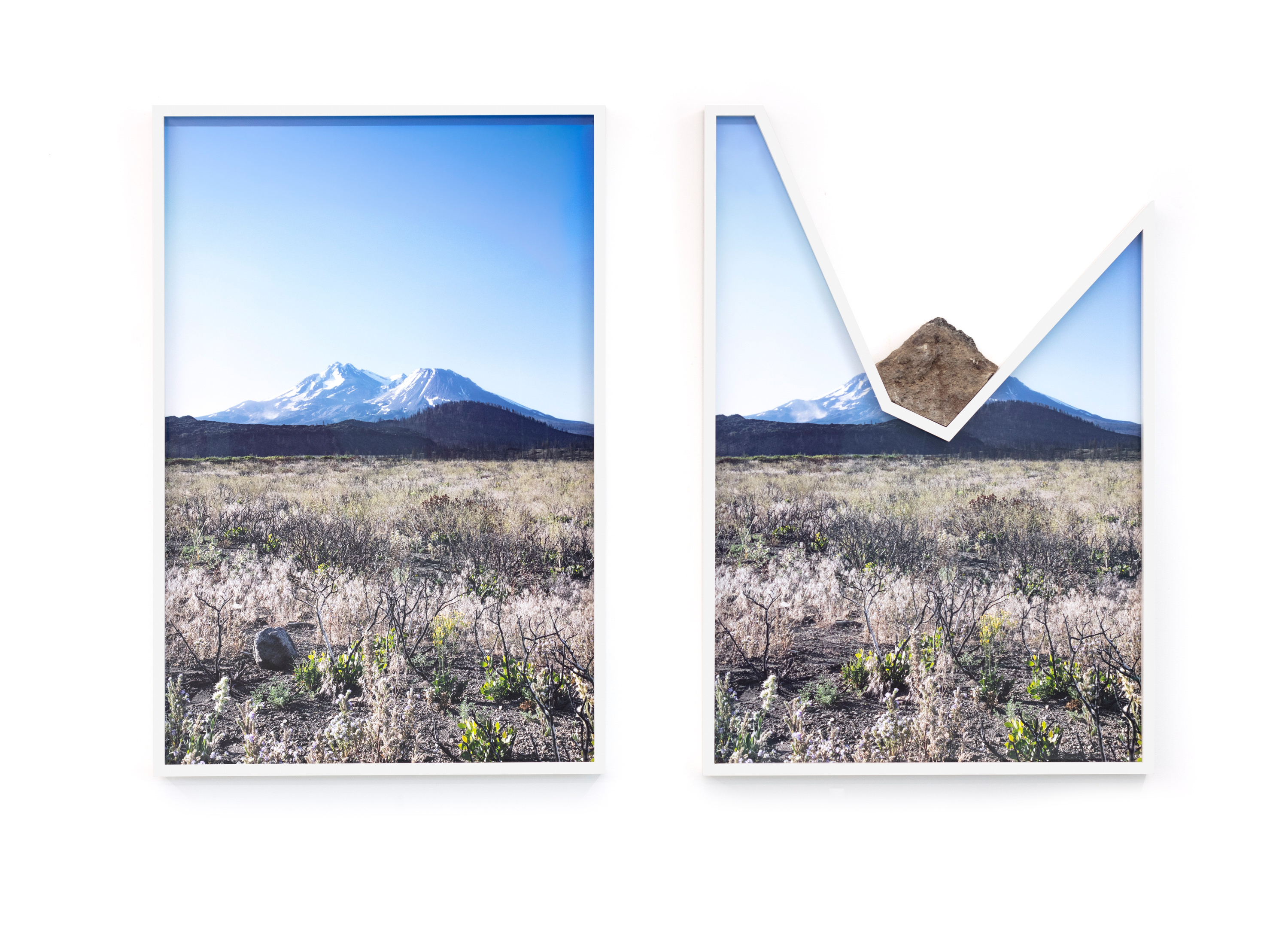 Color image of a diptych of color photographs depicting an empty field with mountains on the horizon
