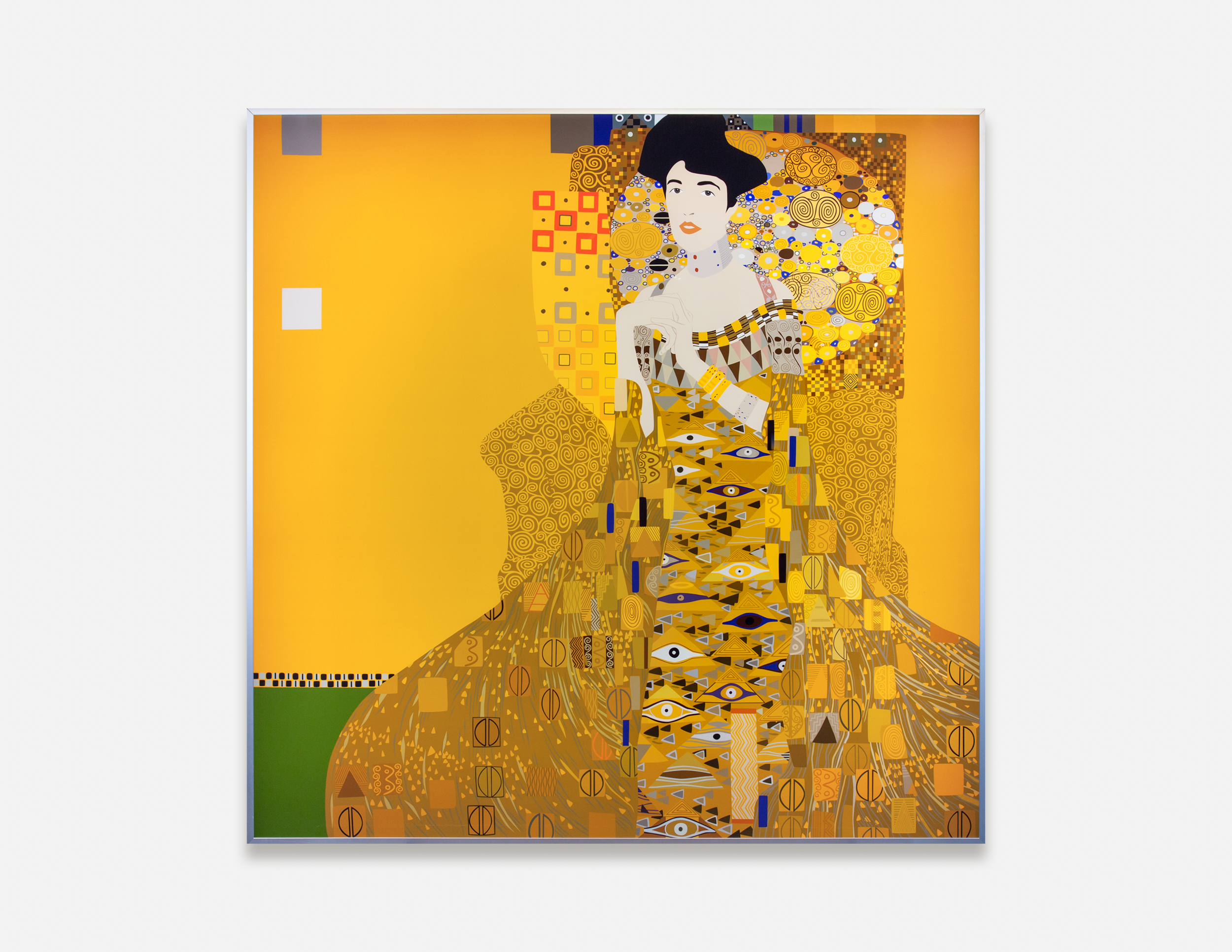 Color image of a color transparency on a light box depicting a figure in a yellow dress with adornments of various shapes against a yellow background