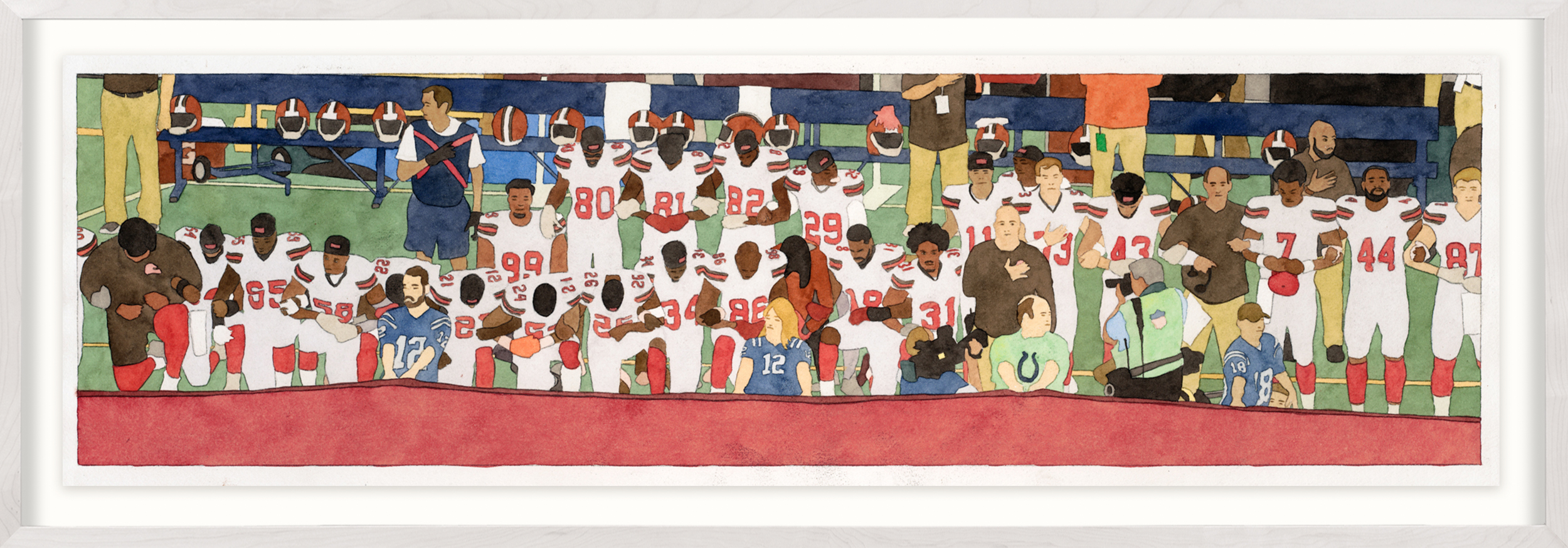 Image of a framed watercolor rendering of a football team posing in various ways during the national anthem
