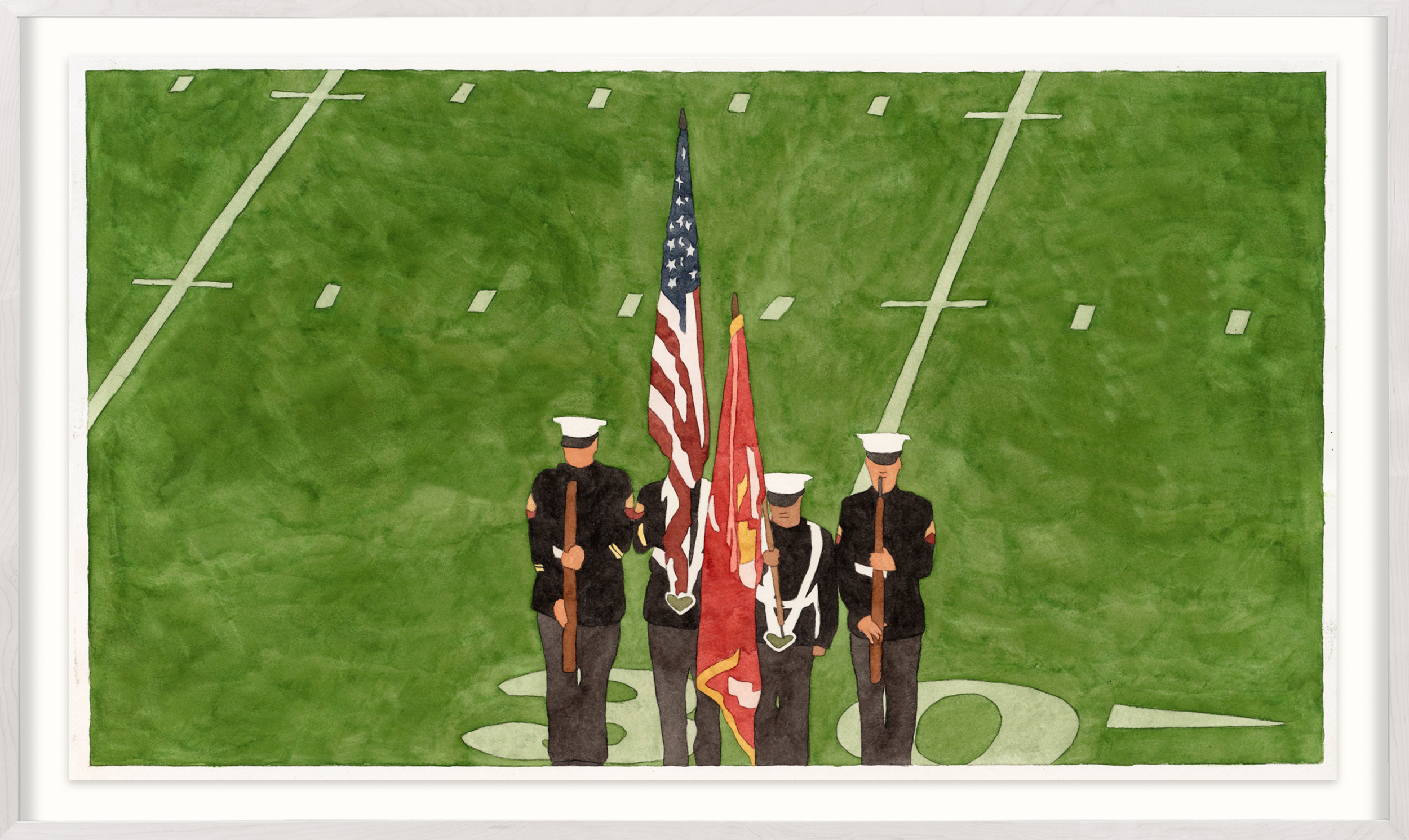 A color image of a framed watercolor painting depicting four service members with flags during the national anthem